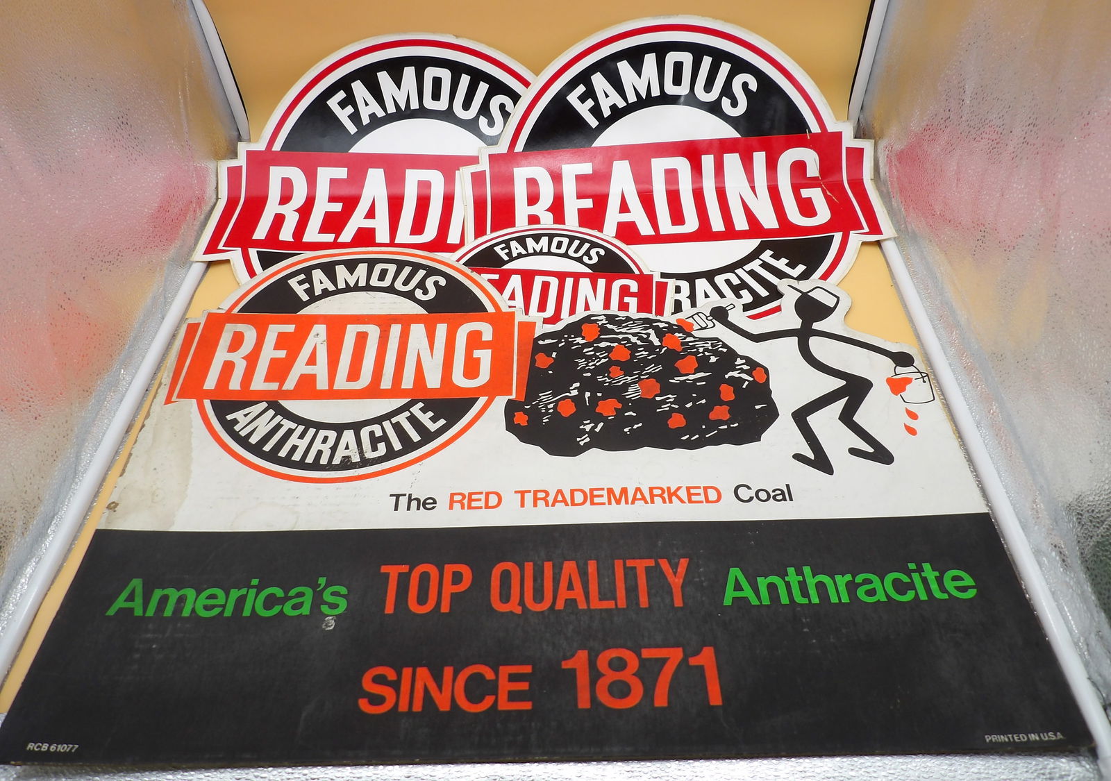 Famous Reading Anthracite Stand-Up Sign, Decals, & Info Booklets: This Famous Reading Anthracite lot includes a sturdy cardboard stand-up sign (20" x 27"), three decals ( two 16" x 18" and one 9" x 10"), and three information booklets (11" x 8.5"). Storage damage
