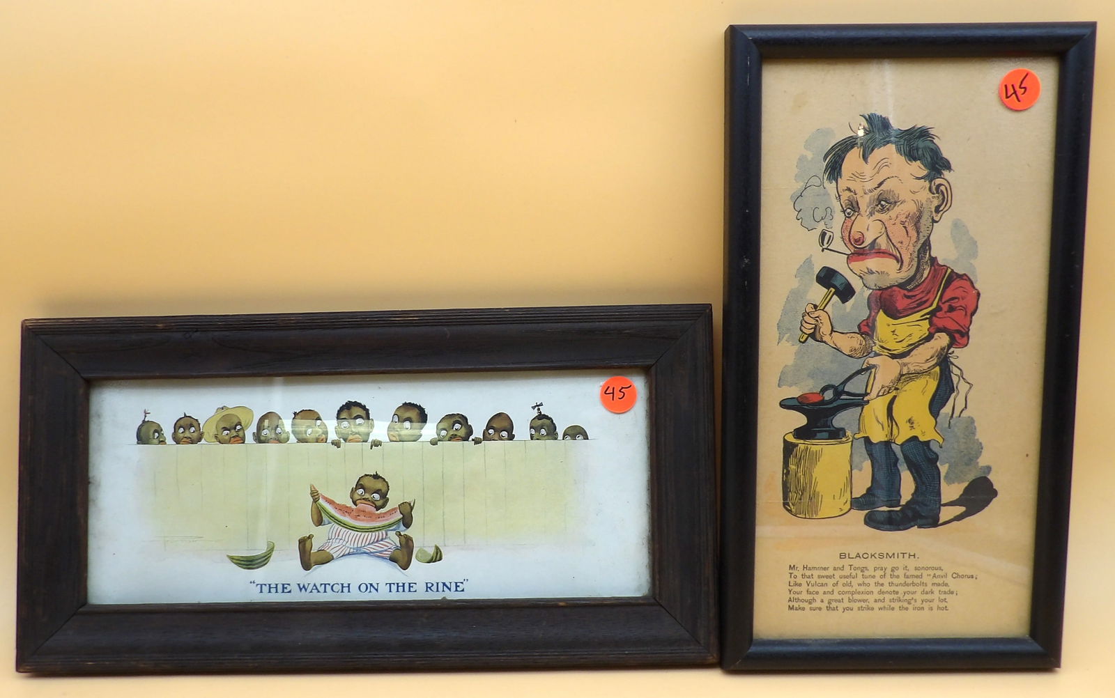 "Watch On The Rine" Framed Black Americana & "Blacksmith" Comic Valentine: This framed art pair includes "Watch On The Rine" and "Blacksmith" comic valentine. Measures 14" x 7" and 12.5" x 7". Early 20th Century.
