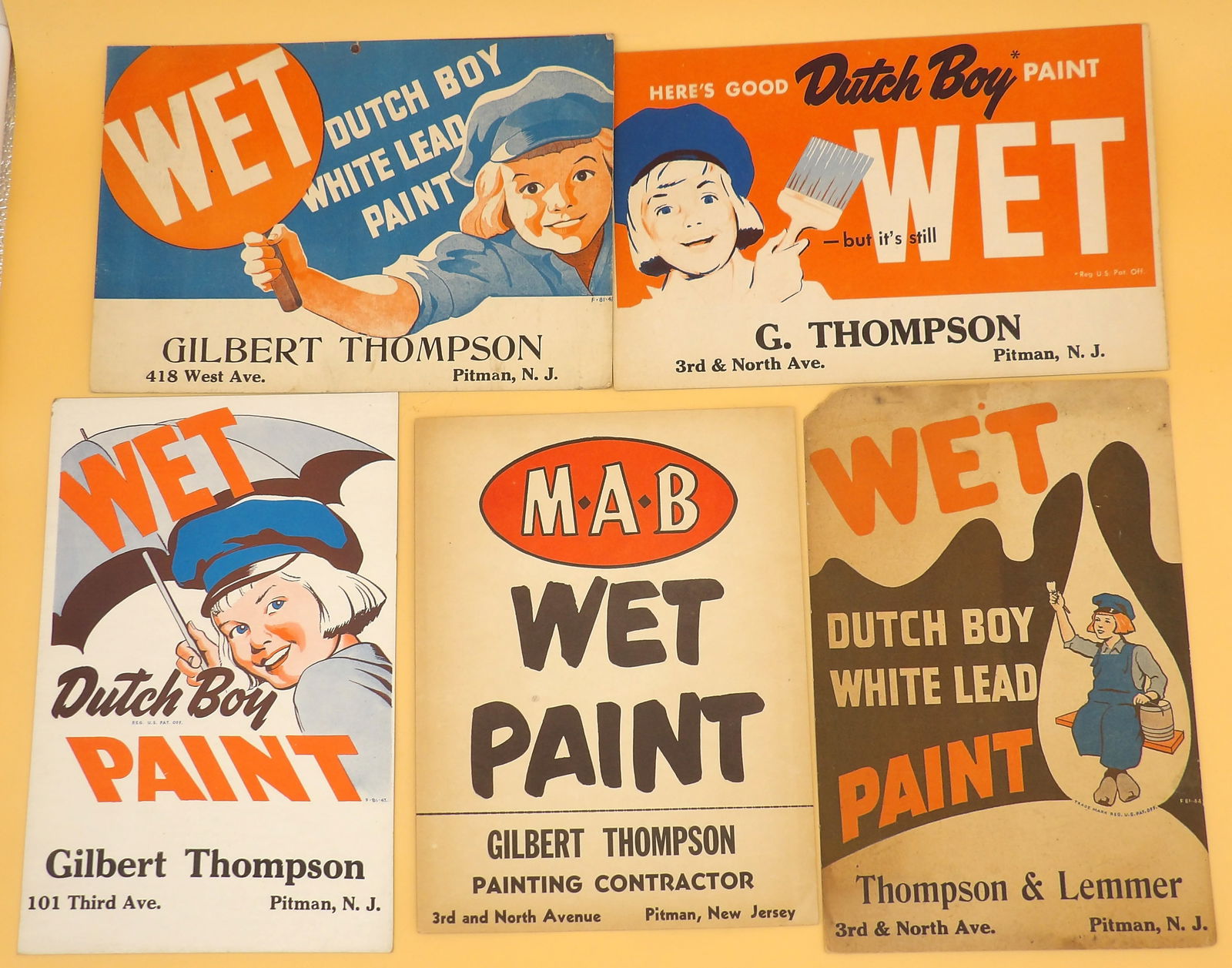 Vintage Wet Paint Advertisement Posters (9): This collection of nine vintage 'wet paint' advertisements come from a local Pitman NJ "Thompson and Thompson" store. They feature brands like Dutch Boy, Pittsburgh Paints, and MAB. They measure
