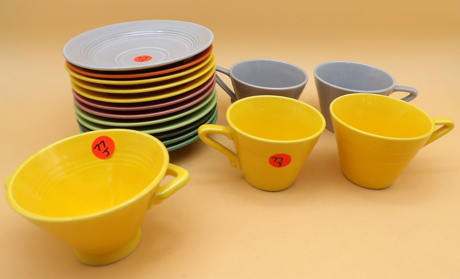 Homer Laughlin Harlequin Saucer Plates, Cups, Sugar Bowl (17 pcs) (1 of 5)