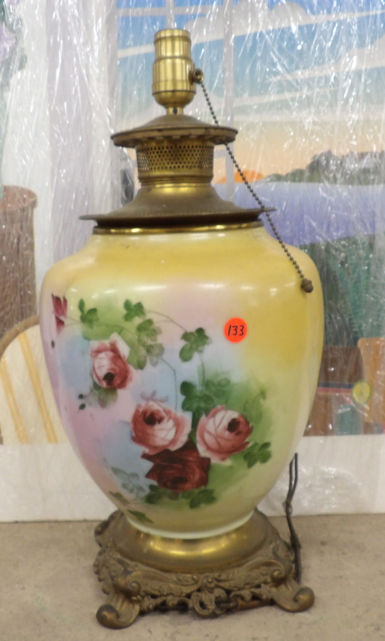 Gone With The Wind style Parlor Lamp: This "Gone With The Wind" style Parlor Lamp was converted to electric from original oil (electric cord is cut). It features hand painted floral design. No shade. NO SHIPPING ON THIS ITEM.