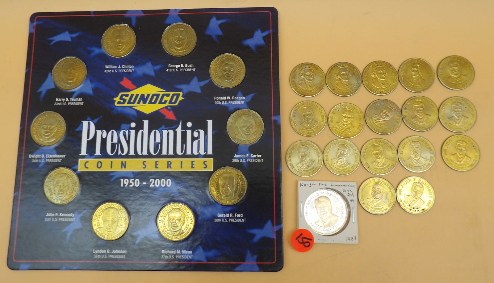 Presidential Coins (28): This collection of Presidential commemorative coins includes the Sunoco Presidential Coin Series 1950-2000 (ten coins), seventeen Commemorative Presidential coins (Washington, Jefferson, Roosevelt,