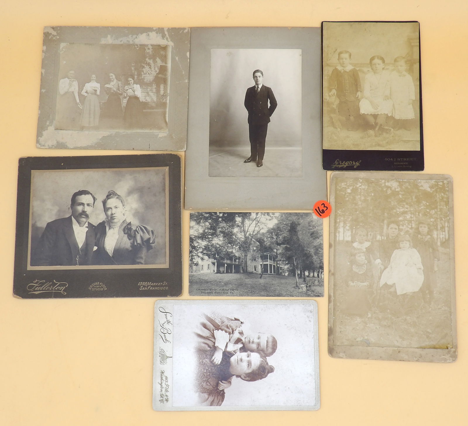 Historic Photos (7 pcs) - Women Eating Watermelon, Portrait, More: This collection of historic photos (6 photos and 1 postcard) includes Ladies Eating Watermelon, children, protrait, more - from studios in San Francisco, Sacramento, Washington DC, and Camden NJ. Mid/