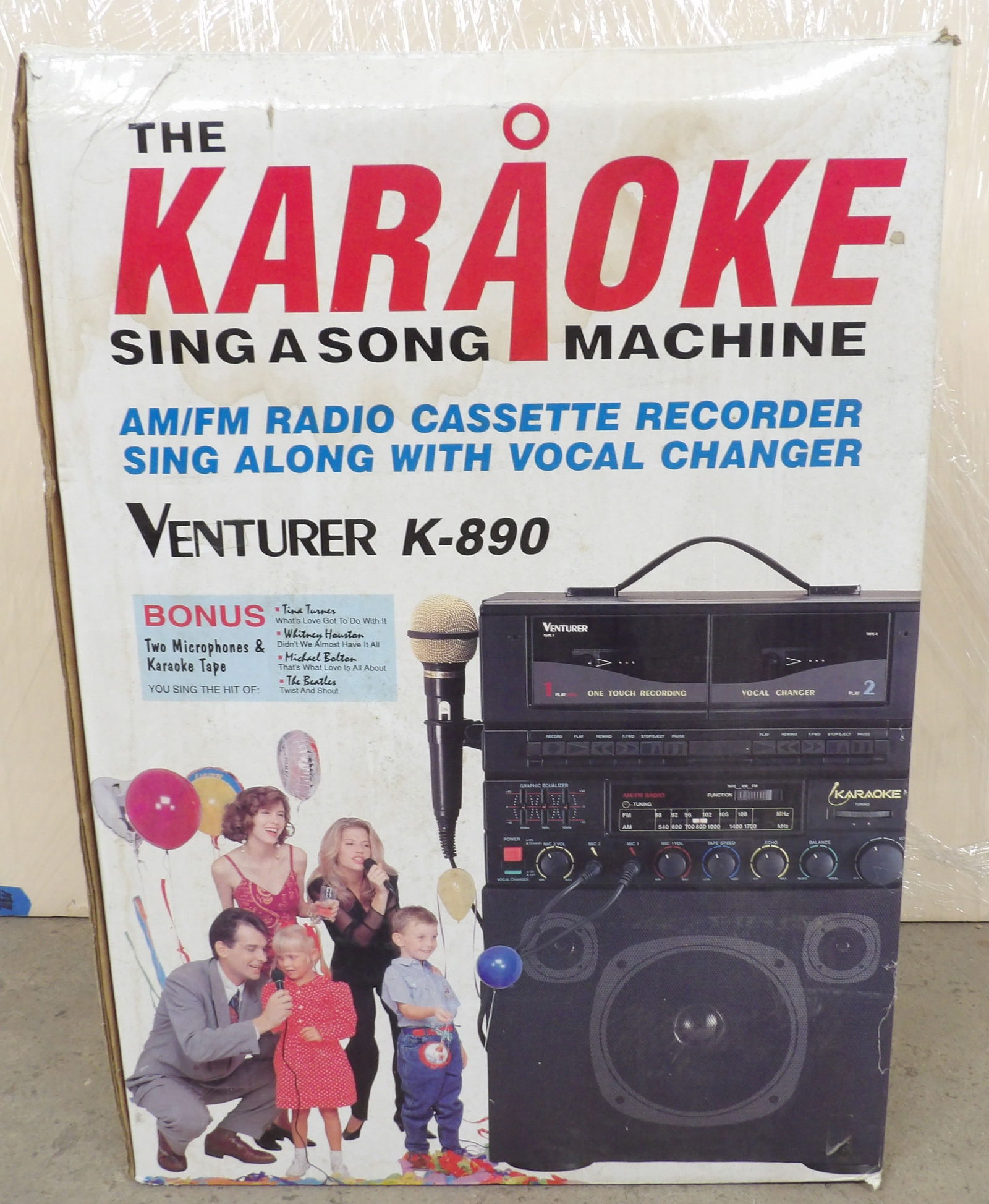 Karaoke Machine - Venturer K-890: This Venturer K-890 Karaoke Machine comes in original box and includes two microphones and karaoke cassette tape. Has AM/FM radio and cassette functions. Tested/works. Measures 22" x 11" x 16". NOTE: