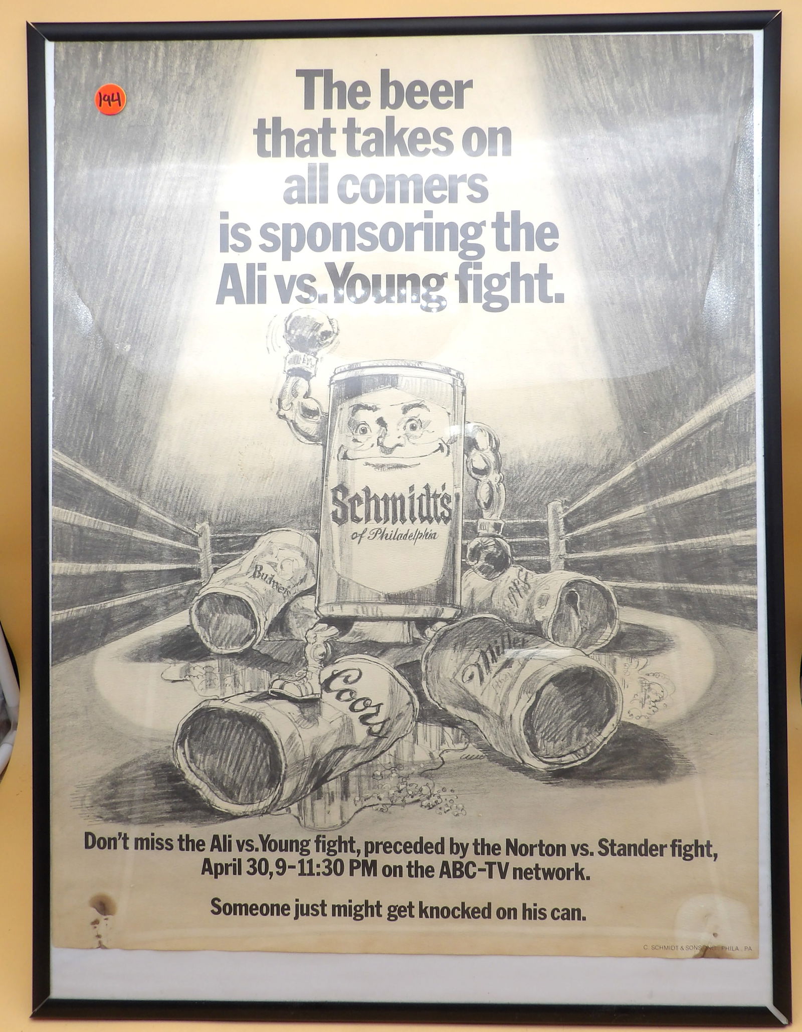 Framed Schmidt's Beer Muhammad Ali Boxing Poster: This framed advertisement for Schmidt's Beer also promotes the Ali VS Young Boxing Match on ABC (1976). Has minor damage to bottom corners, but is otherwise intact and great for display.
