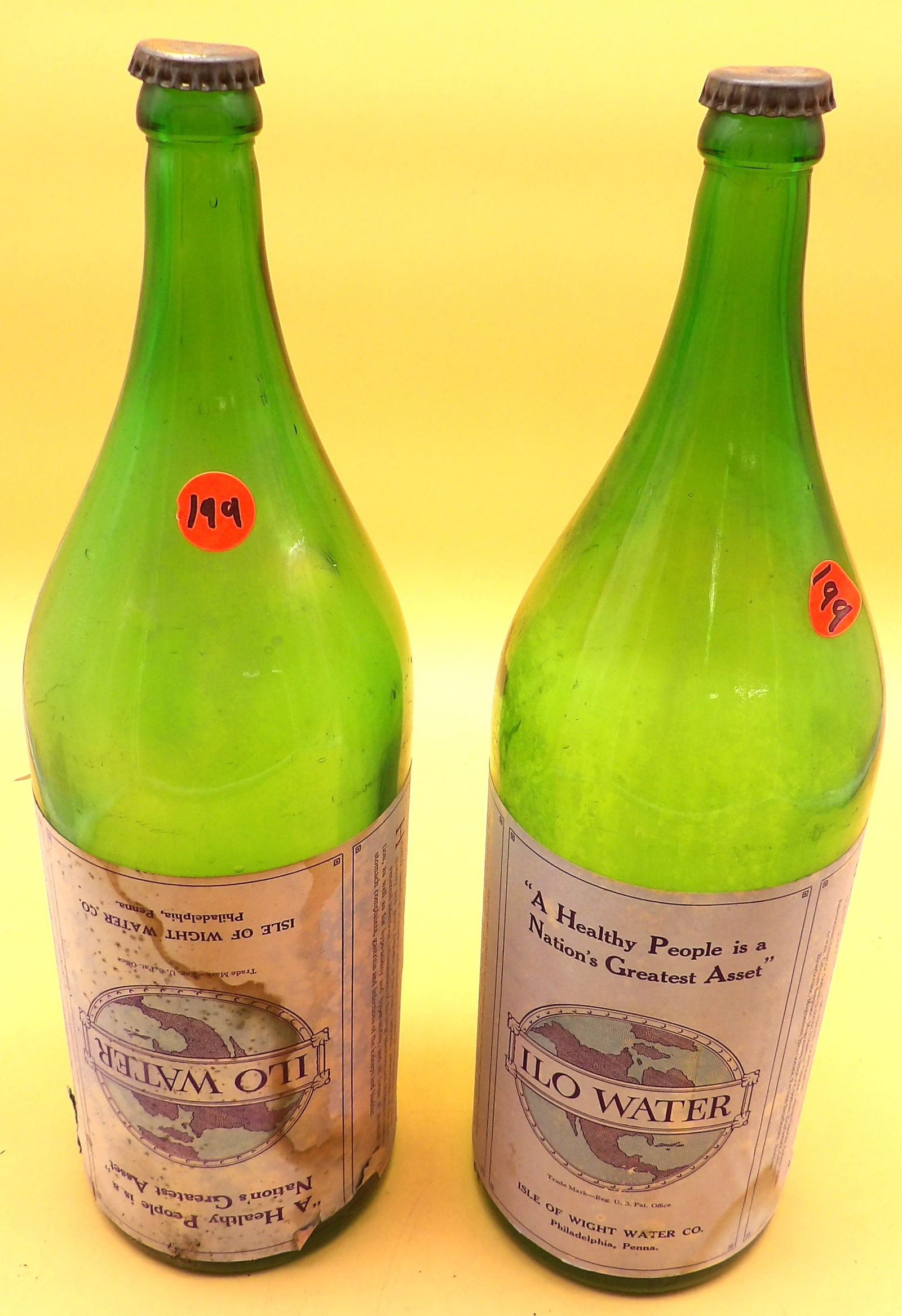 Dead Cat Alley, Ilo Water, Jacob Hormung Glass Bottles (4 pcs): This lot of 4 vintage glass bottles includes a "Dead Cat Alley Brewing Co" Cat Tail Ale (11"), a Jacob Hormung - Philadelphia glass bottle (9.5"), and two Ilo Water green glass bottles (with caps -