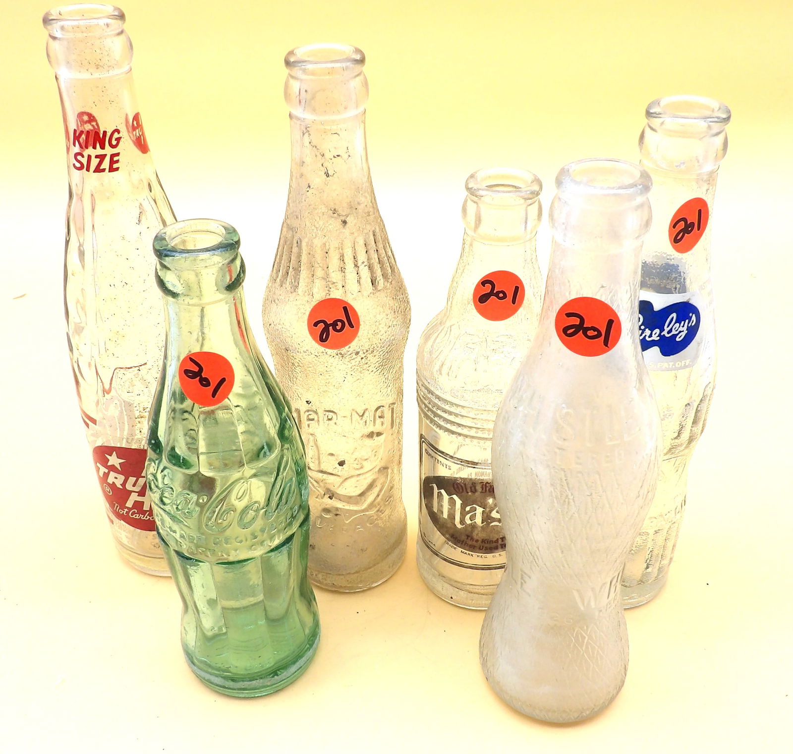 Mar-Mat, Tru Ade, Ma's Old Fashion, Bire-Ley's, Whistle, Coca Cola glass bottles (1 of 7)