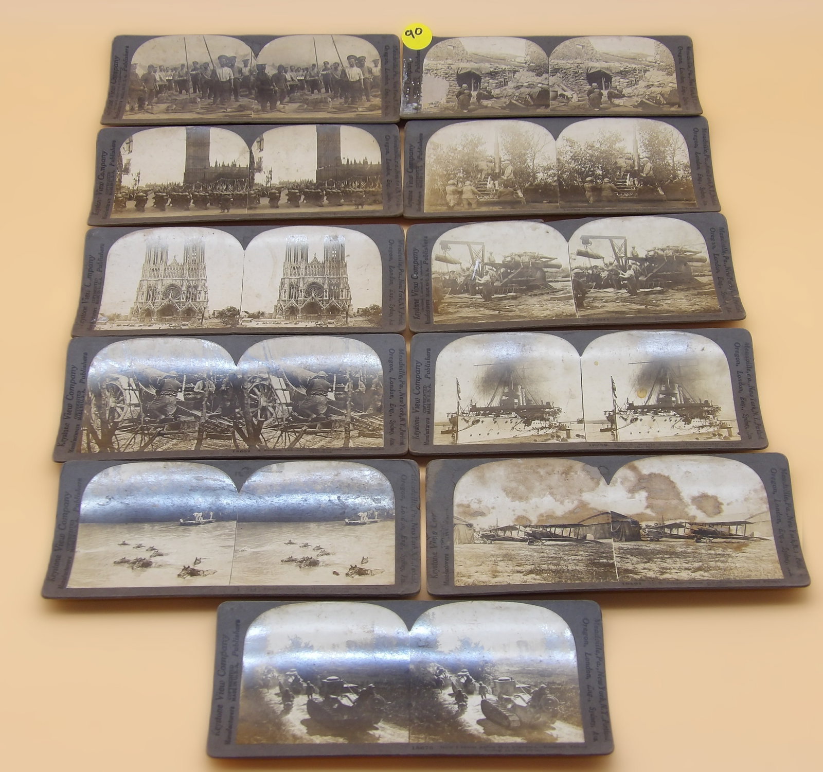 Keystone Stereoscope Cards (11) - WWI Scenes: This collection of 11 vintage Stereoscope cards feature WWI - era images including: "Making Bread For British Troops", "Yankee Troops In London", "French 75mm Gun", Loading Shells, French Guns In Germ