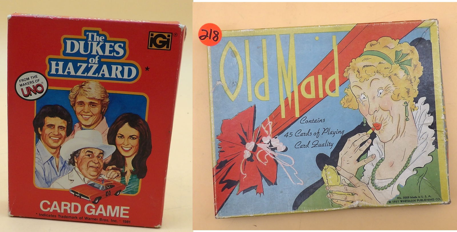 Dukes of Hazzard & Old Maid Card Games: This pair of vintage card games includes the "Dukes of Hazzard Card Game" (new in box) and 1937 Whitman Publishing "Old Maid" in box.
