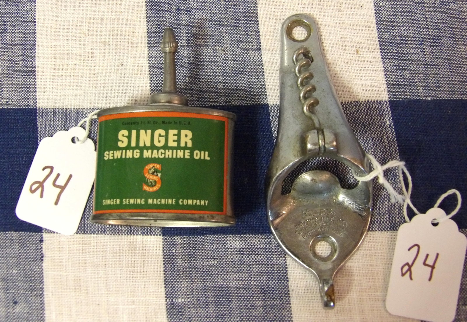 Sewing Machine Oil & Bottle Opener w/ Corkscrew: This lot features a Singer sewing machine oil can & Starr Brown Mfg. Co wall mounting bottle opener w/ corkscrew. Measures 5" bottle opener & 3" oil tin.
