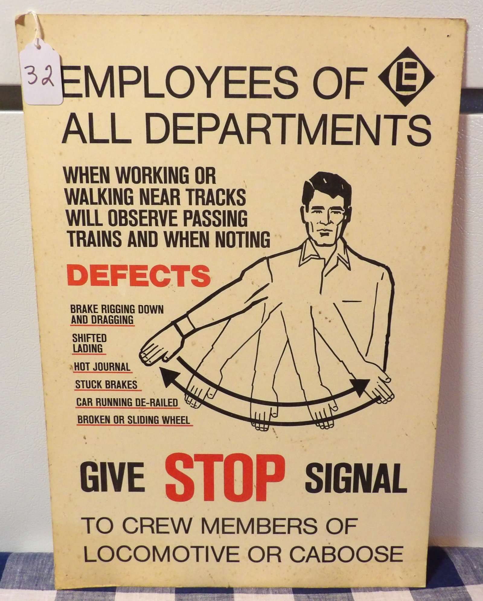 Train Station Employee Safety Sign: This railroad employee safety signal sign (describing proper hand signals) is made from a thick paper material. Measures 12.25 x 17.75