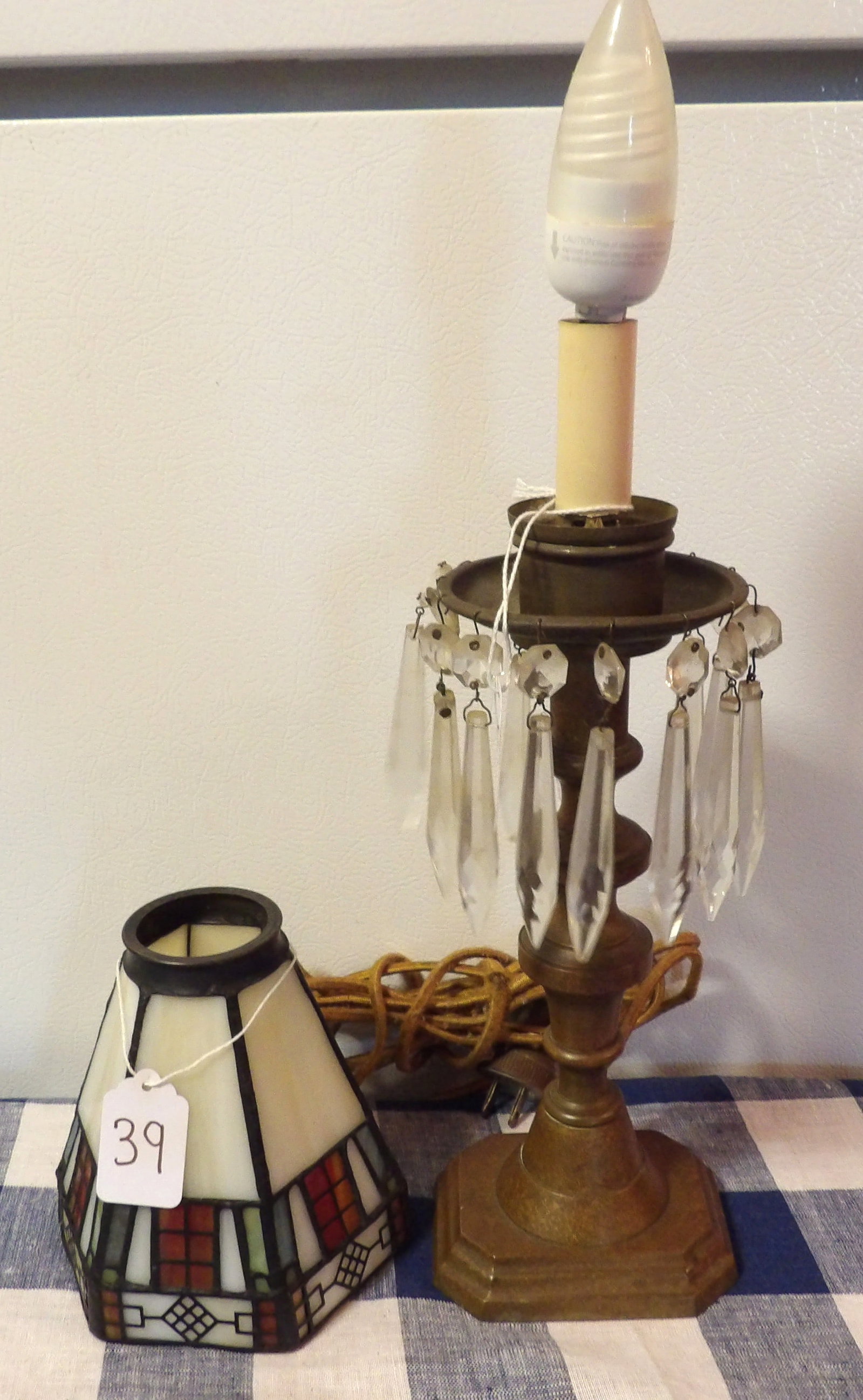 Table Lamp & Shade: This vintage table lamp features dangling crystals and includes a separate lampshade. Measures 17" x 4.25" x 3.5"