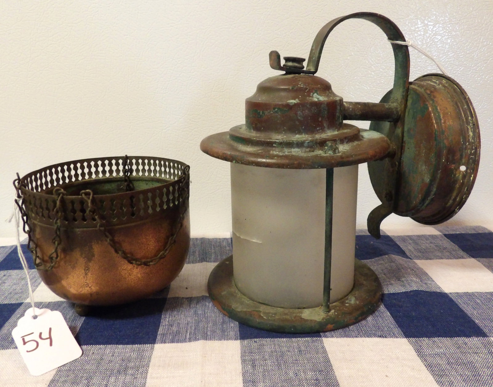 Metal Plant Hanger & Wall Light: This Metal Plant Hanger & Wall Light lot measures 3.75" x 4."5 & 7" x 5" x 7.5"