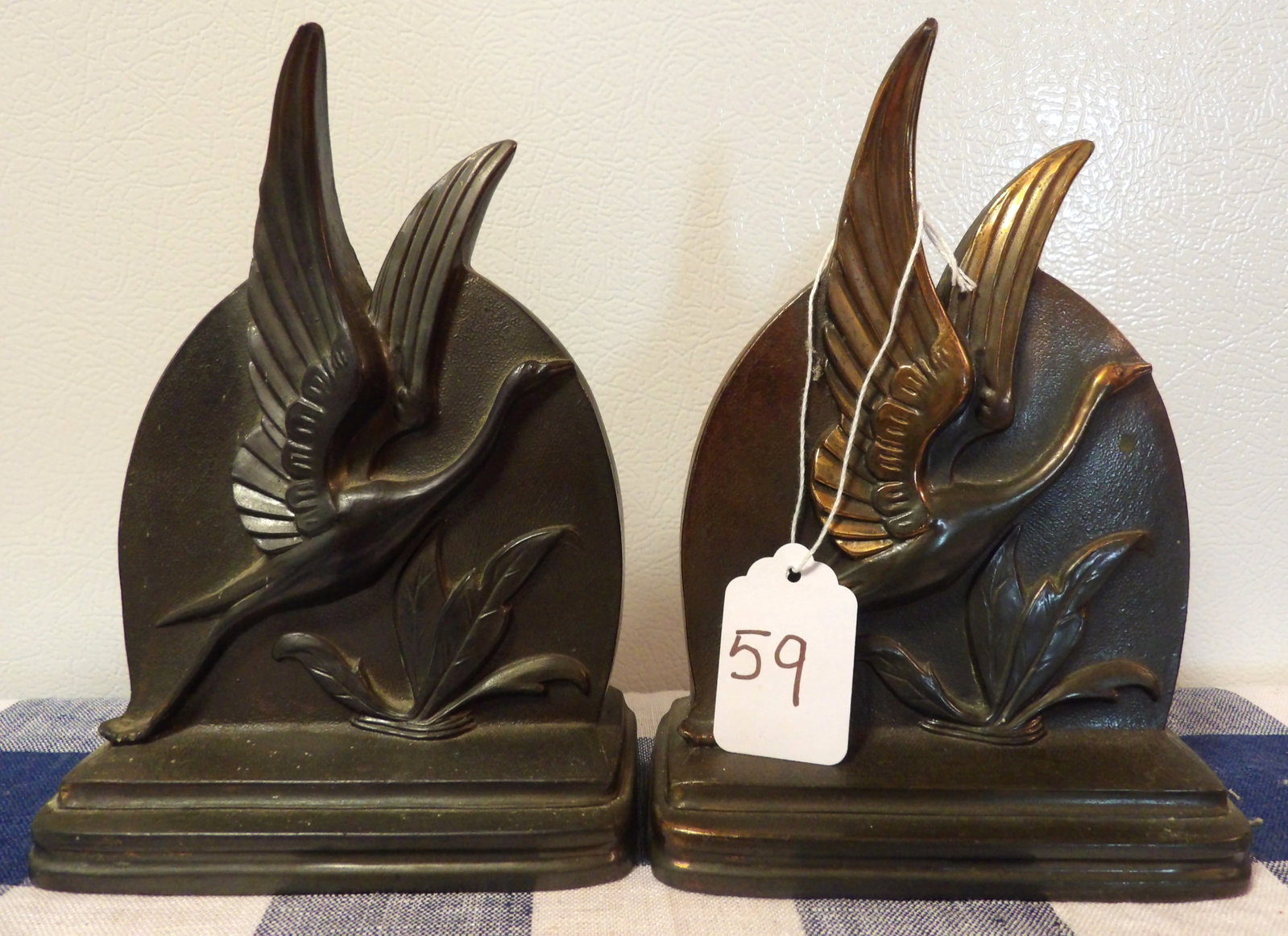 Dodge Inc. Art Deco Crane Bookends: This pair of metal crane bookends were "Created and made in the west by Dodge Inc.". Measures 7" x4.75" x 2.25"