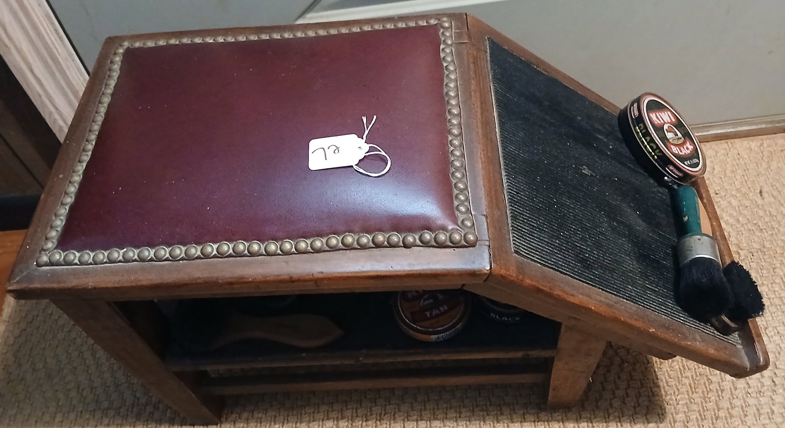 Shoe Shine Stool w/ Shoe Polish & Brushes: This vintage shoeshining stool includes 6 containers of Kiwi shoe polish & shining brushes. Measures 22" x 10.5" x 14" *SHIPPING NOT AVAILABLE FOR THIS ITEM - PICK UP ONLY
