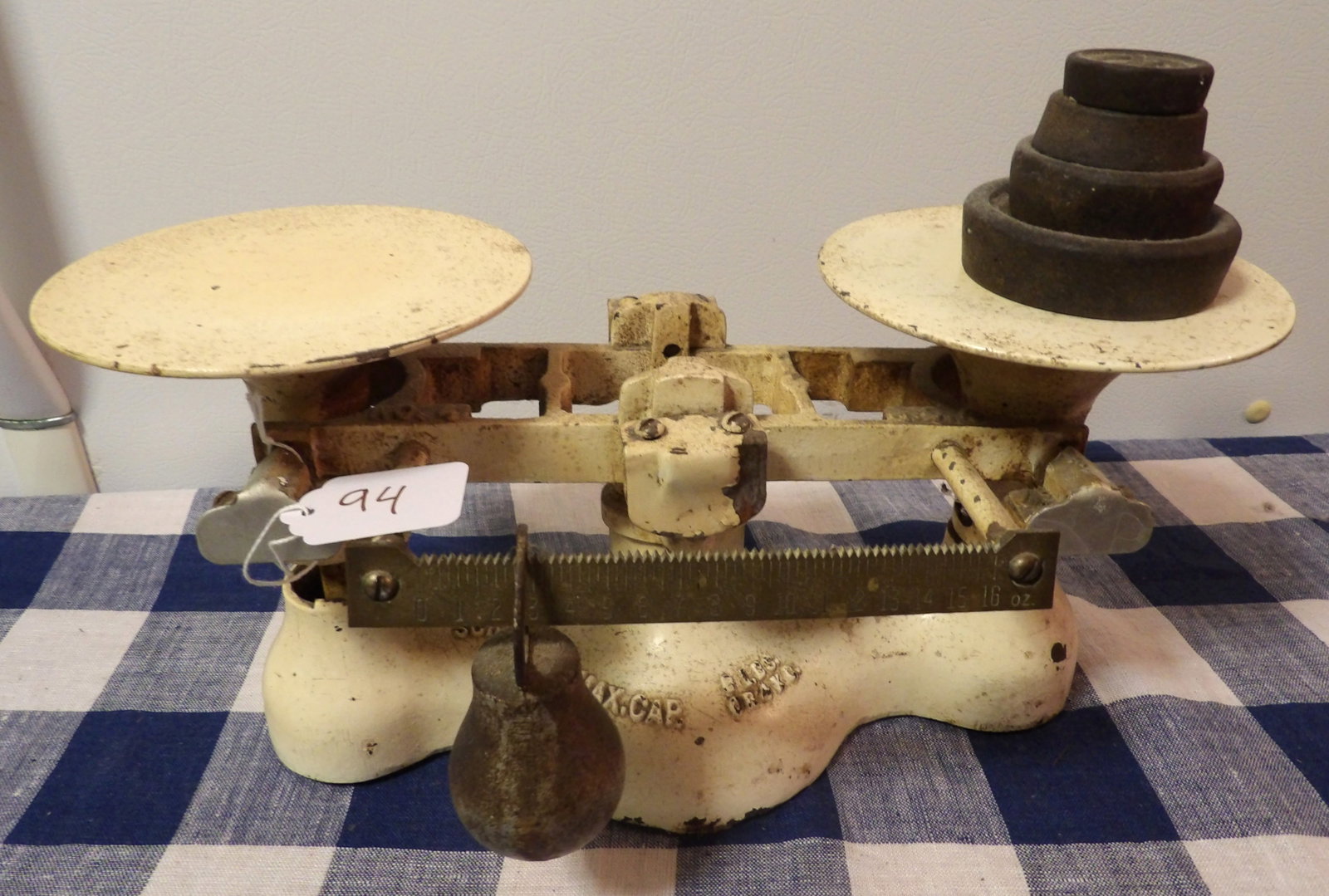 Detecto Kitchen Scale: This classic Detecto metal scale also includes 4 weights. Measures 6" x 13" x 5"