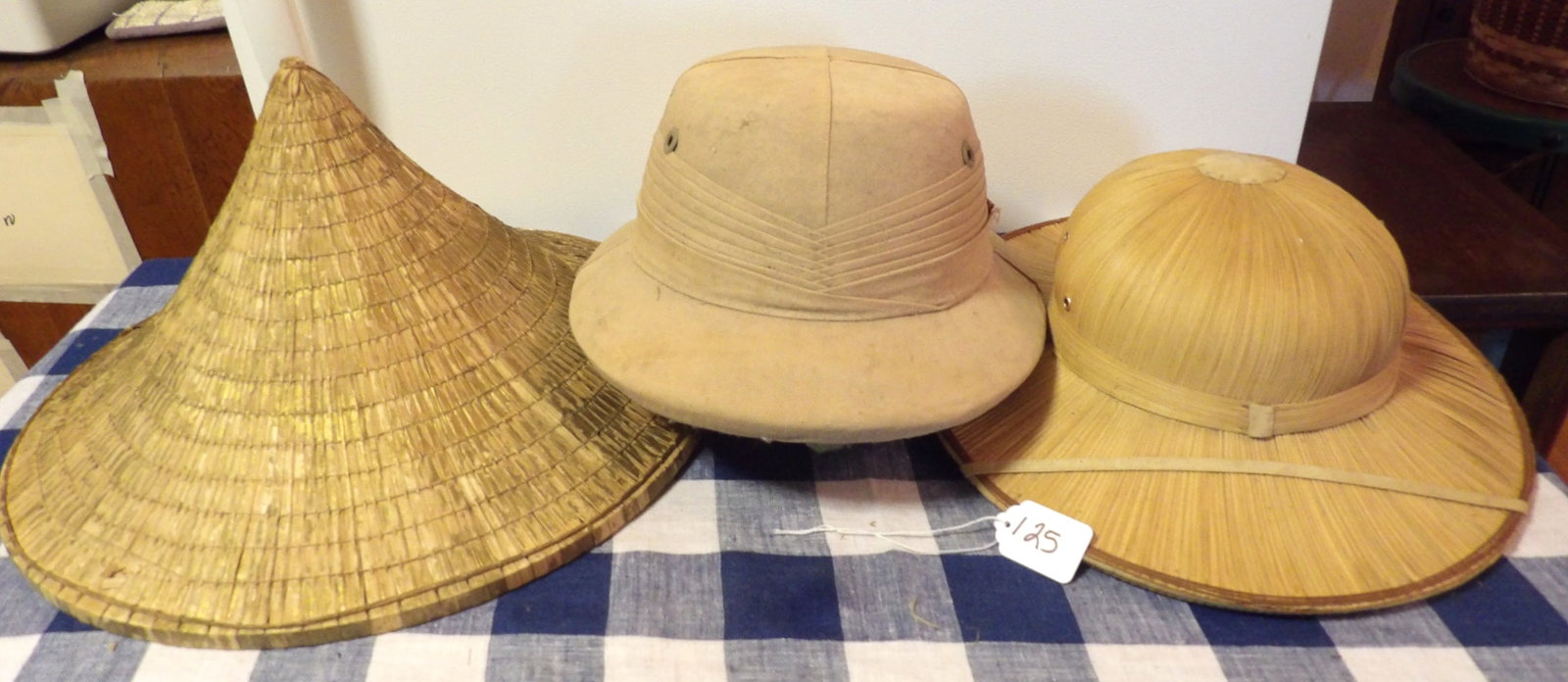 Wicker Hats & Pith Helmet (3): This lot includes 2 pith helmets (one wicker) and a Rice Hat.