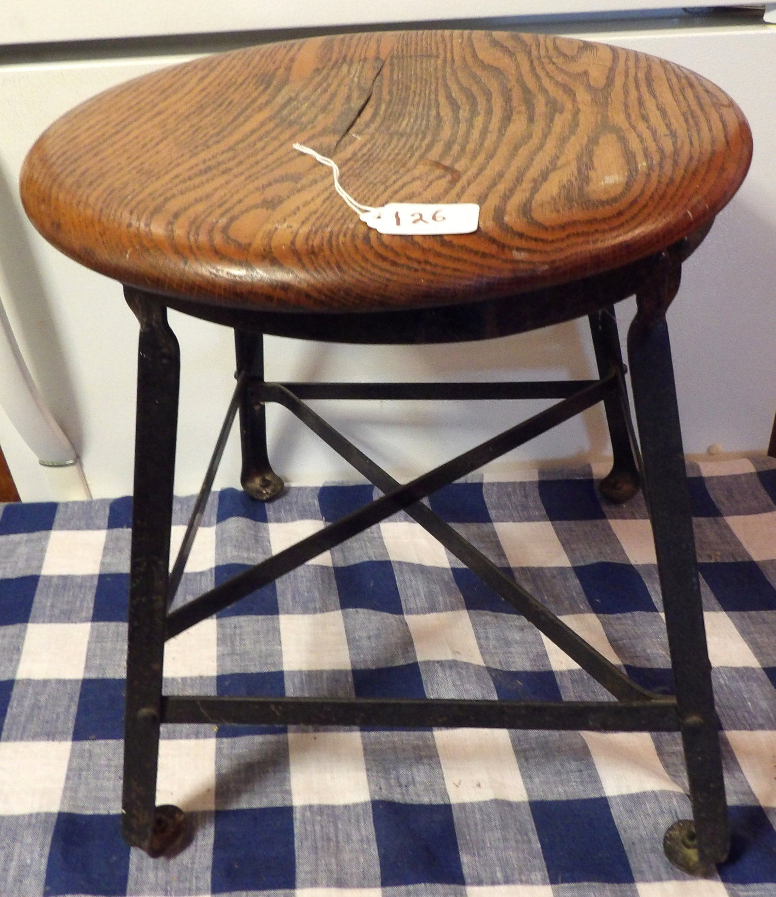 Wood Stool w/ Metal Frame: This low metal frame / wood seat stool measures 16" x 14" x 14" *NO SHIPPING FOR THIS ITEM - PICK UP ONLY