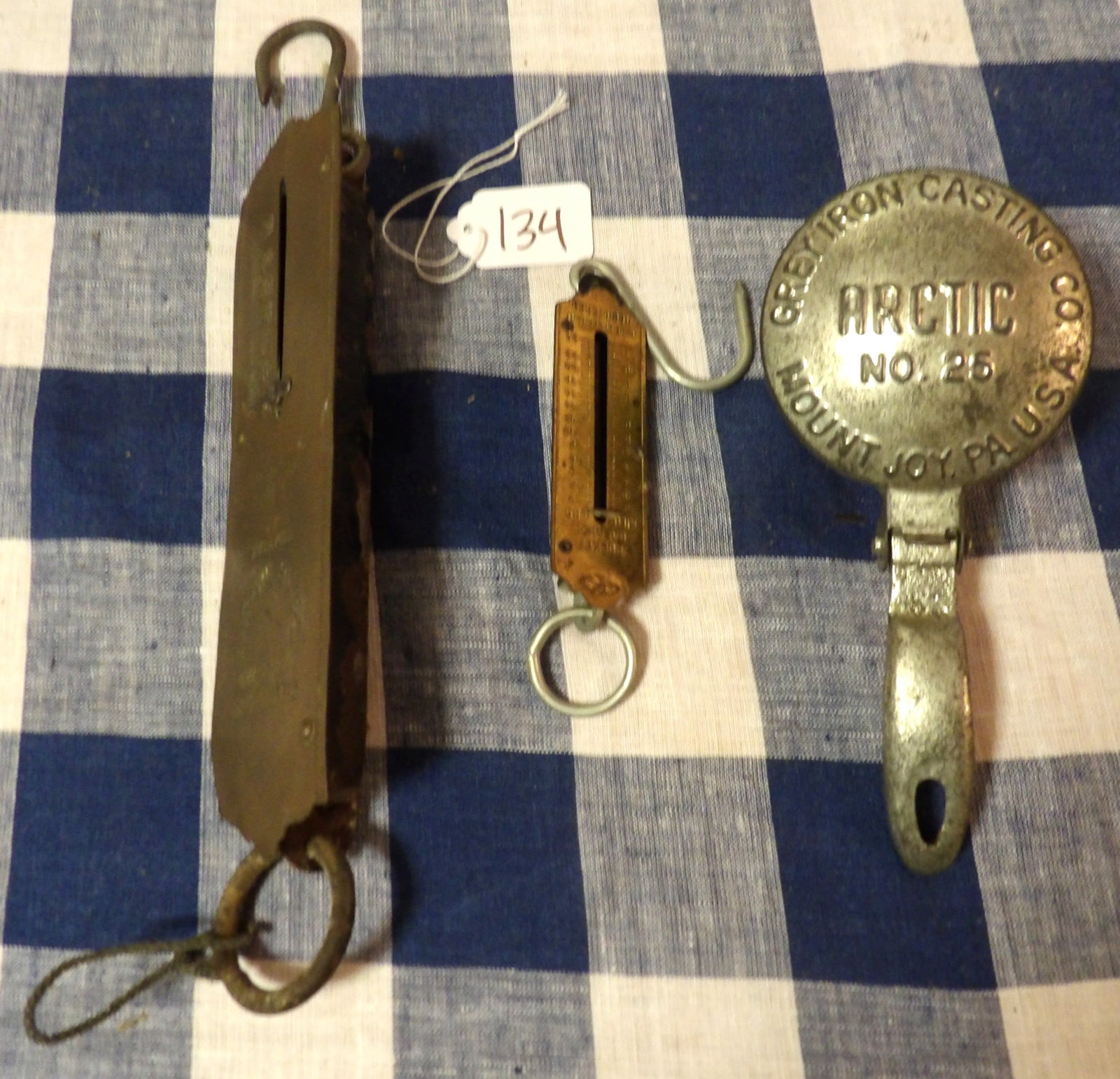 Spring Balance Scales (2) & Ice Shaver: This lot inclides Chatillon's, Pocket Balance spring balance scales and an Arctic No 25 (Mount Joy PA) ice shaver. Measures 8", 4" , 7"