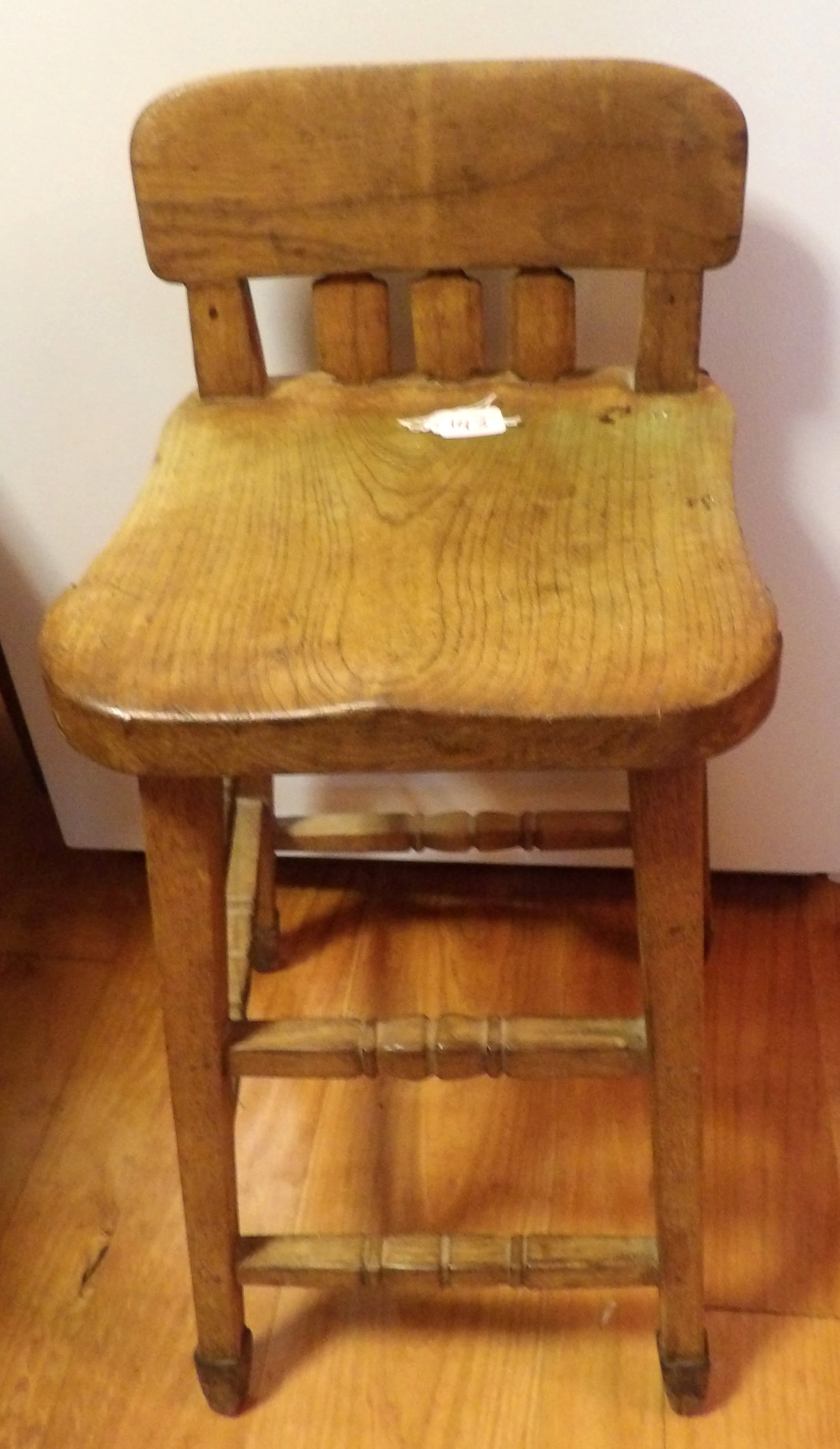 Rustic Stool w/ Backrest: This low rustic stool features a backrest and measures 29" x 13" x 13" - NO SHIPPING AVAILABLE FOR THIS ITEM - PICK UP ONLY