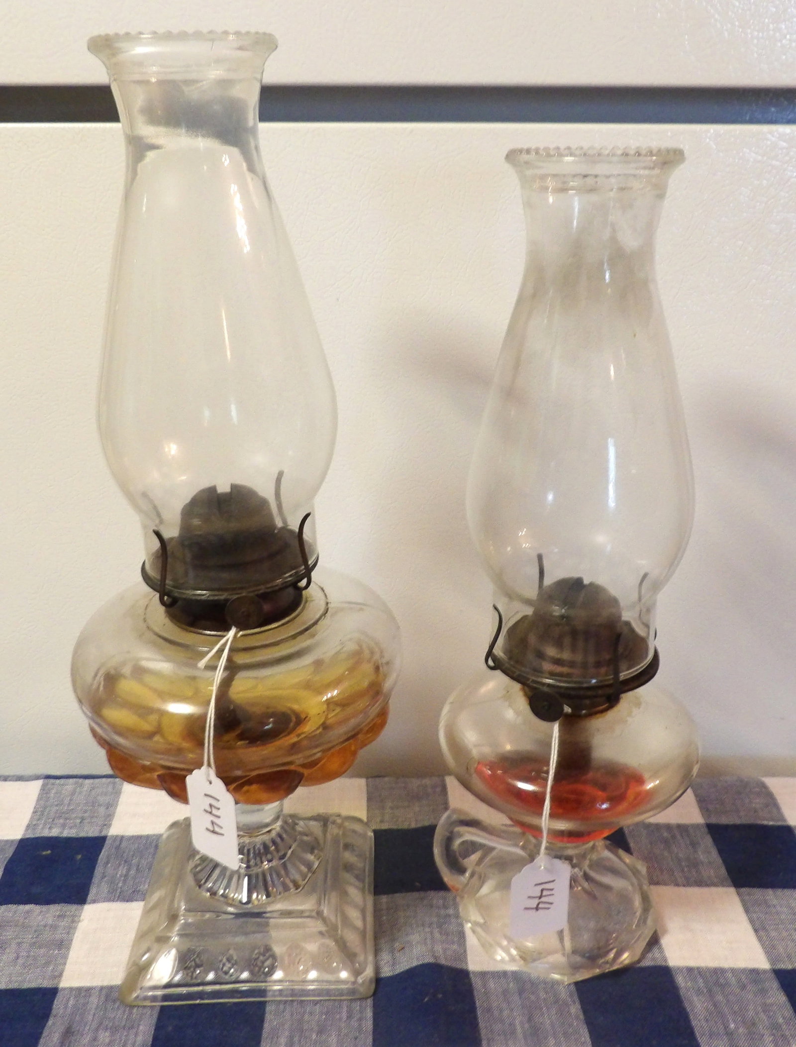 Glass Oil Lamps (2): This pair of glass oil lamps measure 16.5" & 15" - NO SHIPPING ON THIS ITEM - PICK UP ONLY