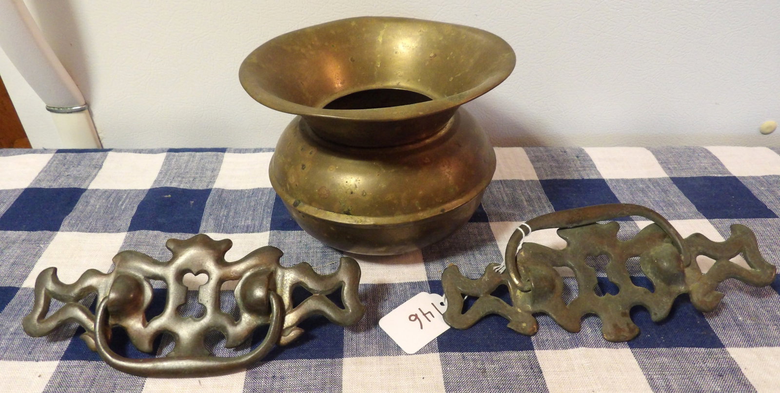 Brass Handles (2) & Brass Spittoon: This lot features 2 brass drawer handles and a brass spittoon. Measures 5" x 6", 7" x 3"