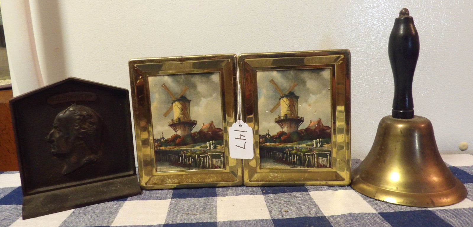 Cast Iron 'George Washington' Book End, Book Ends Pair, Brass Hand Bell (1 of 2)