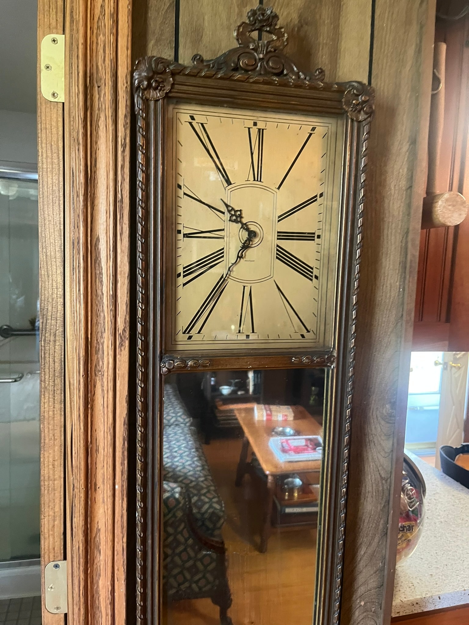 Waltham Mirror Wall Clock: This lovely Waltham Mirror Wall Clock measures 50" x 11" x 1". NO SHIPPING AVAILABLE FOR THIS ITEM - PICK UP ONLY