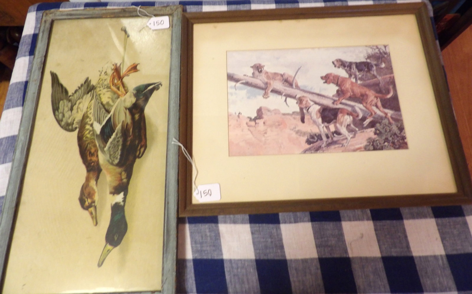 "Hanging Pheasant" & "Hounds" Art Prints: This pair of framed art prints includes "Hanging Pheasant" & "Hounds" . Measures 21.5" x 11.5", 15" x 19" - NO SHIPPING FOR THIS ITEM - PICK UP ONLY