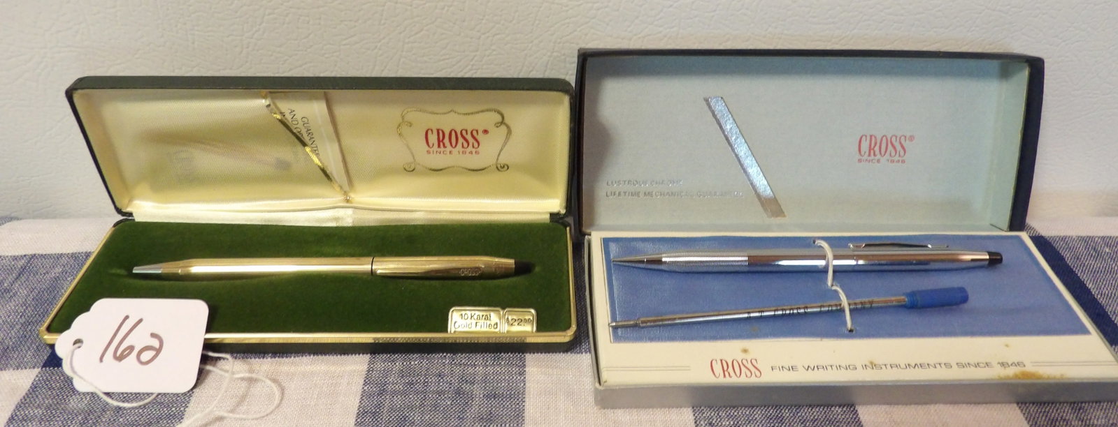 Cross Brand Pens (2): This pair of Cross brand pens (in cases) includes Cross Classic Century 10k Gold Filled & Cross Classic Century Lustrous Chrome + Refill. Measures 6.5" x 3" each