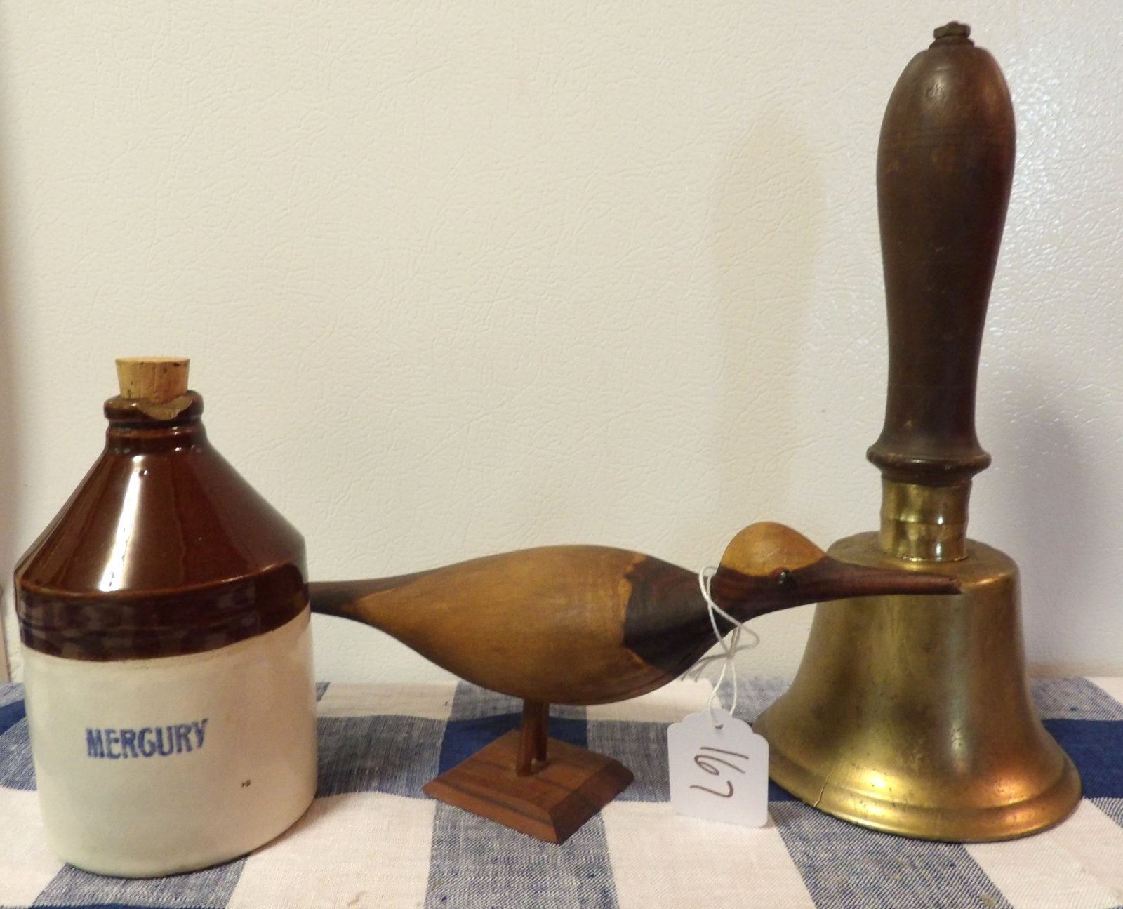 Miniature Stoneware Jug, Brass Handbell, Carved Wooden Bird (1 of 2)
