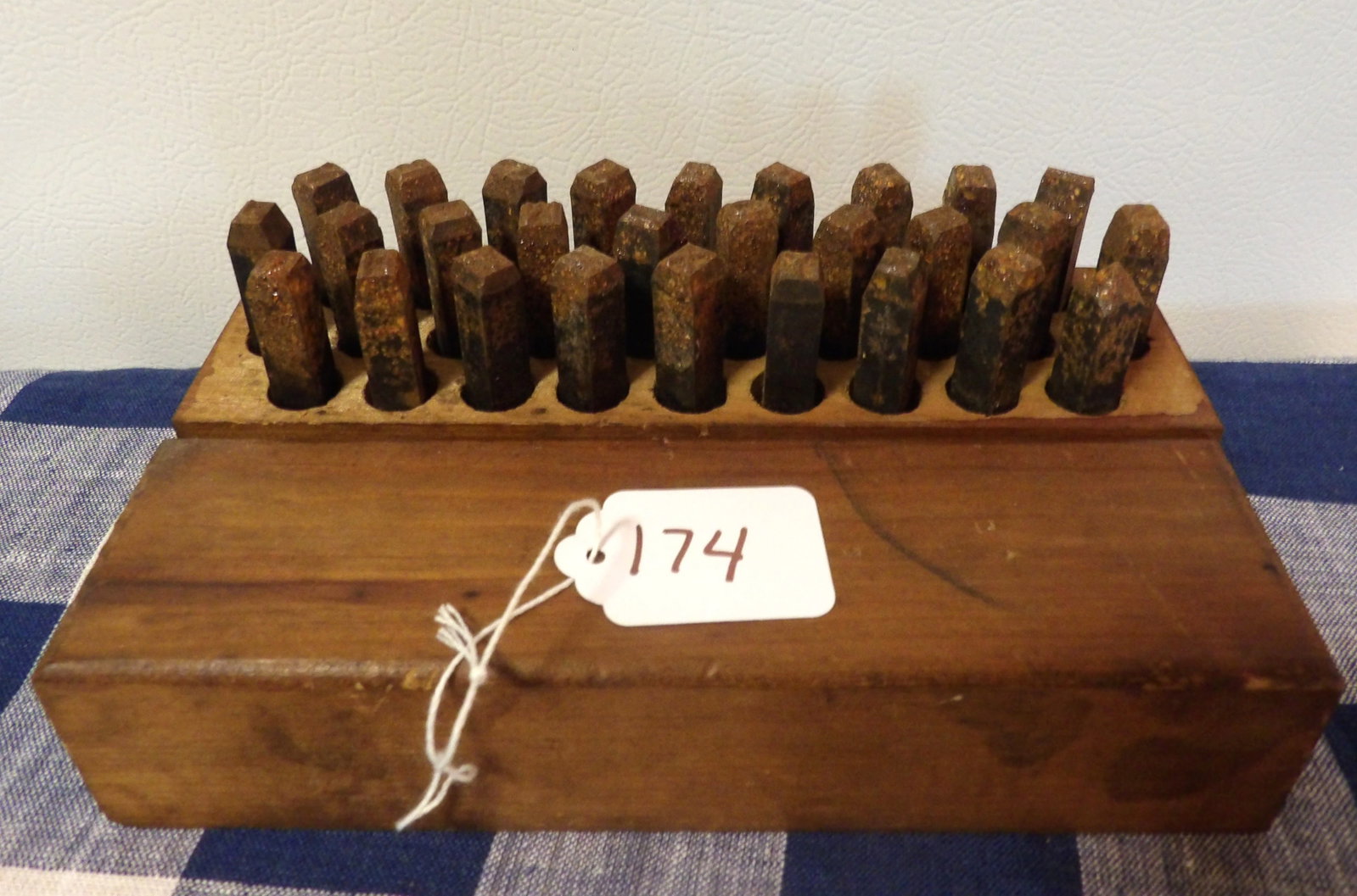 Steel Letter / Number Stamps Set In Wood Case: This set of steel stamps features letters and numbers. Is housed in wooden case. Measures 3.5" x 8" x 2"