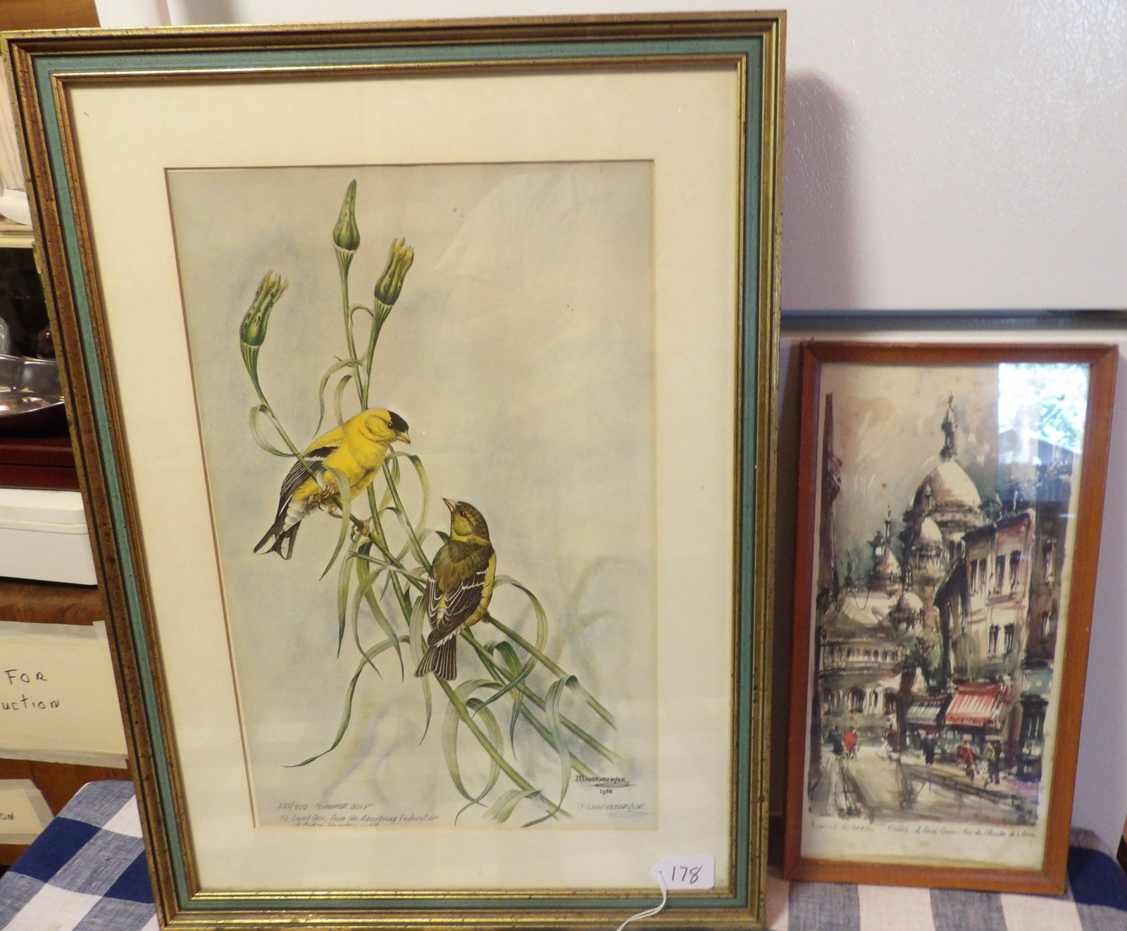 Framed Art (2 pcs): This pair of framed art pieces includes a scene of a Paris street and "Summer Gold" signed by artist. NO SHIPPING ON THIS ITEM - PICK UP ONLY