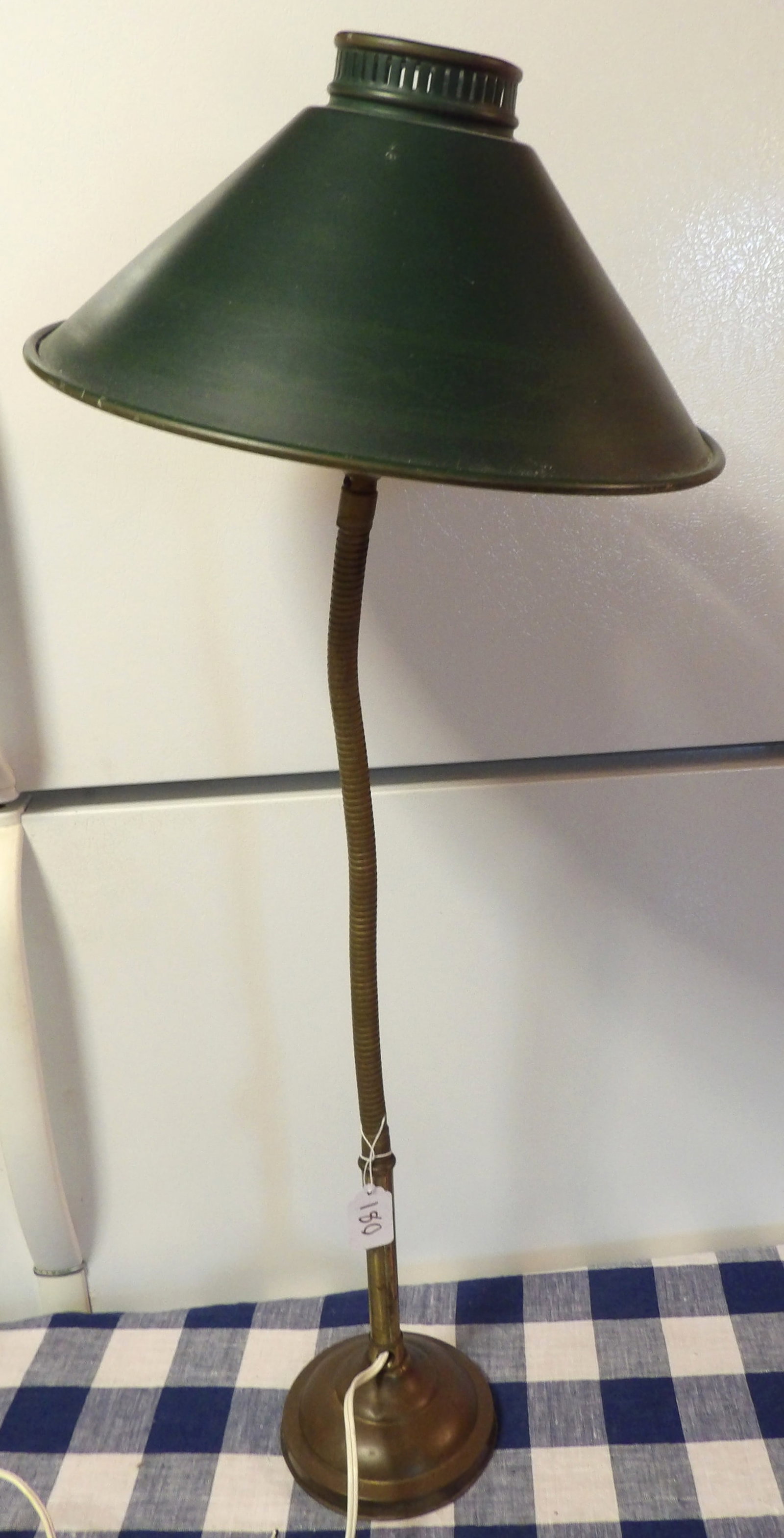 Industrial Table Lamp Brass Base / Green Tin Shade: This Industrial Table Lamp Brass Base includes a Green Tin Shade. Measures 32" - NO SHIPPING ON THIS ITEM - PICK UP ONLY