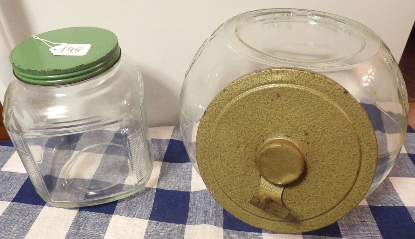 Glass Kitchen Jars (2): This pair of glass kitchen jars includes 1 unbranded and 1 National Buscuit Co. Measure 9" x 6" , 10" x 10"