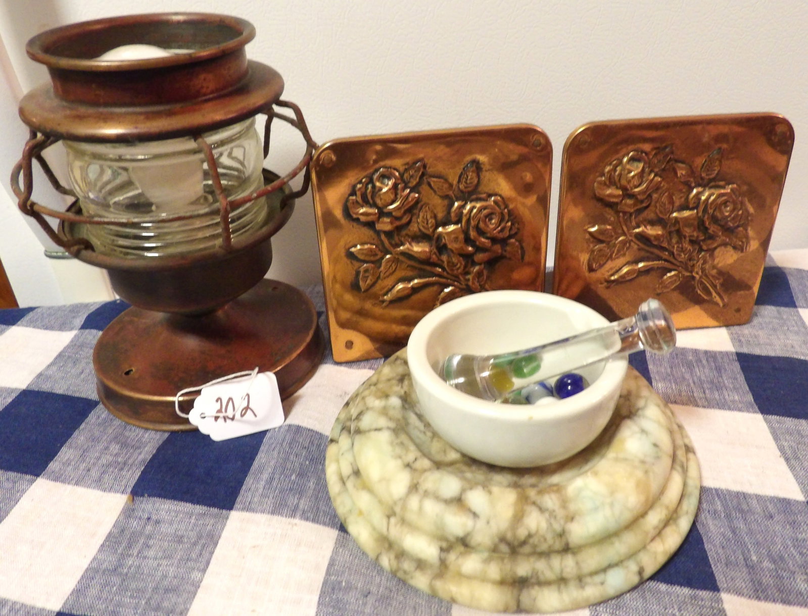 Wall Mounted Lantern Light, Marble Ashtray, Copper Book Ends, Glass Pestle, Marbles (1 of 2)