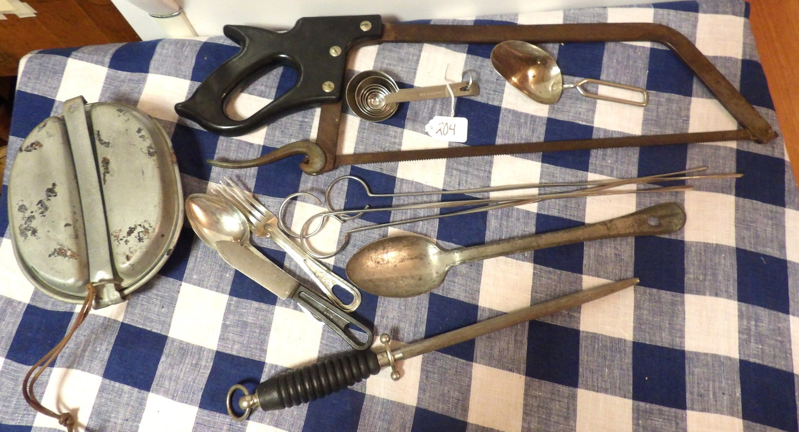Vintage Handsaw, Mess Kit, Measuring Spoons, Kitchen Utensils (12 pcs) (1 of 1)