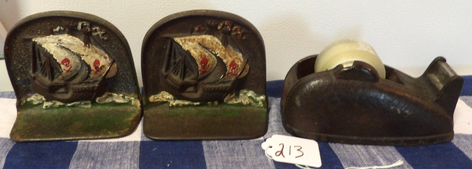 Cast Iron Pirate Ship Bookends (2) & Cast Iron Tape Dispenser (1 of 1)
