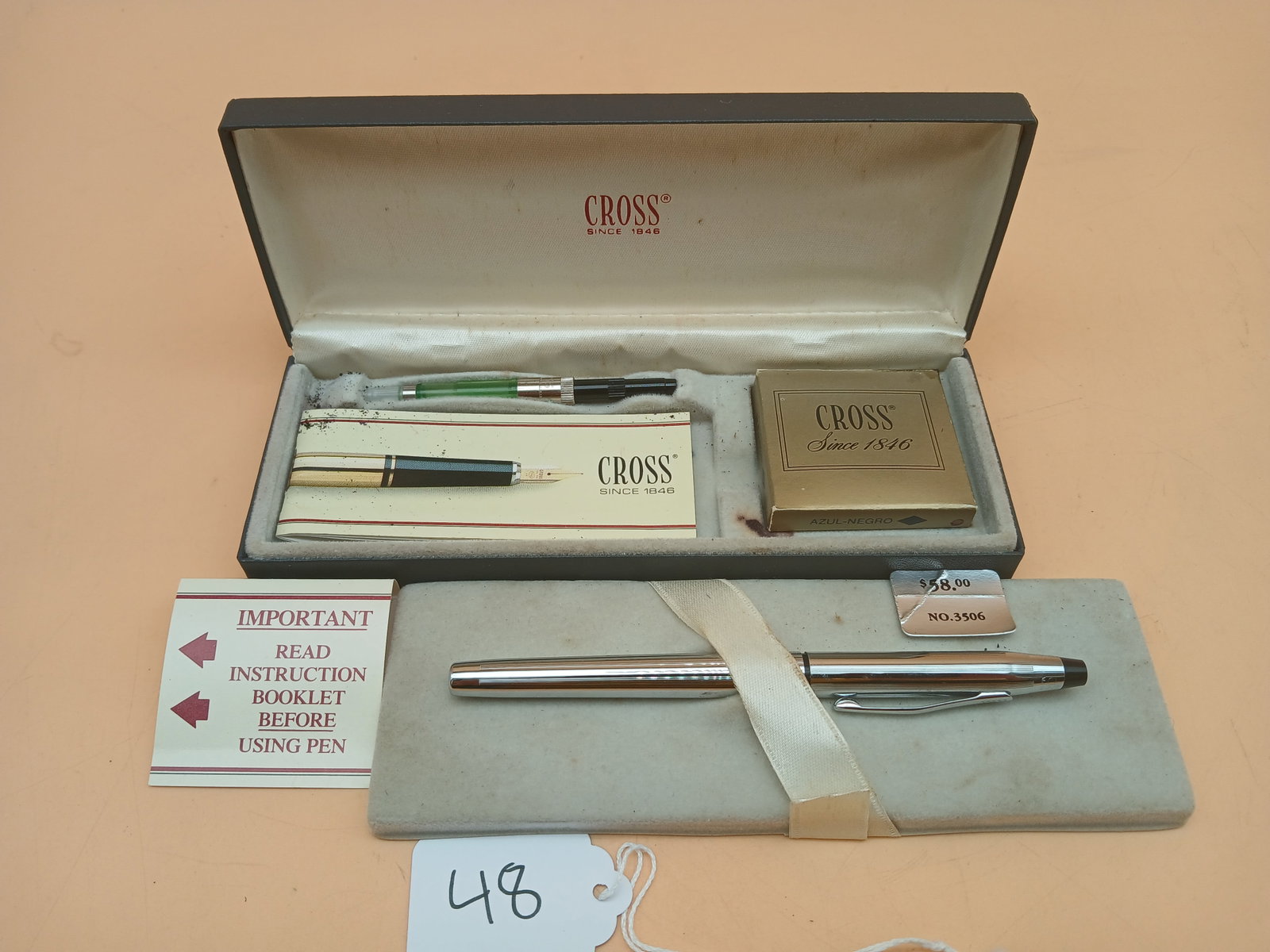 Cross Brand No. 3506 Fountain Pen: This Cross brand fountain pen is style No. 3506 and comes in case w/ booklet and ink cartrige (ink cartidge box empty). Measures approx 1" x 7" x 2.5"