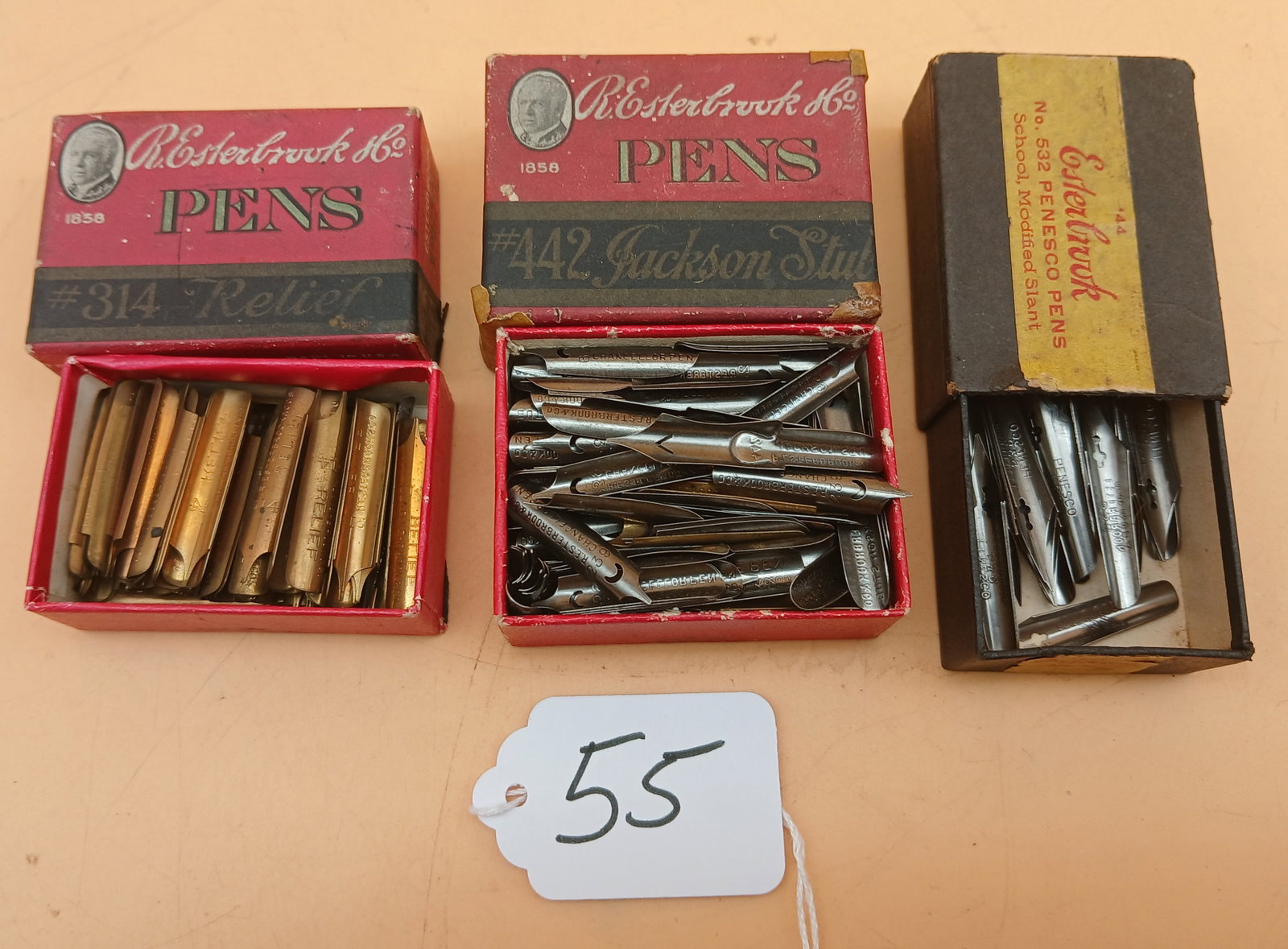 R. Esterbrook Co. Fountain Pen Nibs (3 Boxes): This lot features 3 vintage boxes of Esterbrook fountain pen nibs - including styles #442 Jackson Stub, #314 Relief, and #532 Penesco Pens School / Modified Slant. Measures approx 1" x 2.5" x 2", 1"