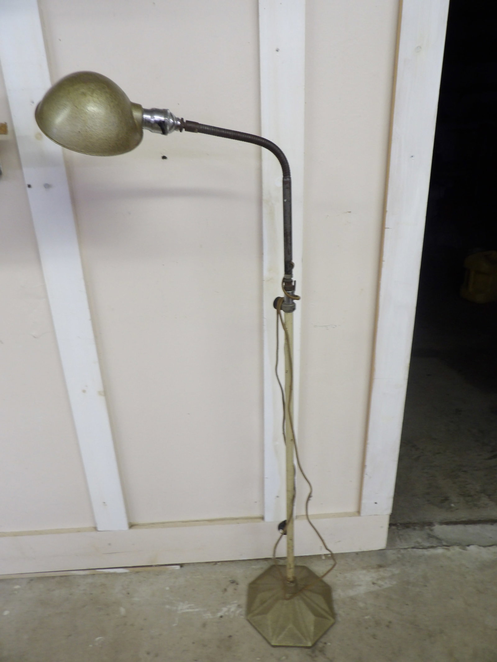 Burdick Adjustable Pharmacy Floor Lamp: This vintage adjustable height pharmacy floor lamp features a distinctive shell-shaped shade. NO SHIPPING ON THIS ITEM - PICK UP ONLY