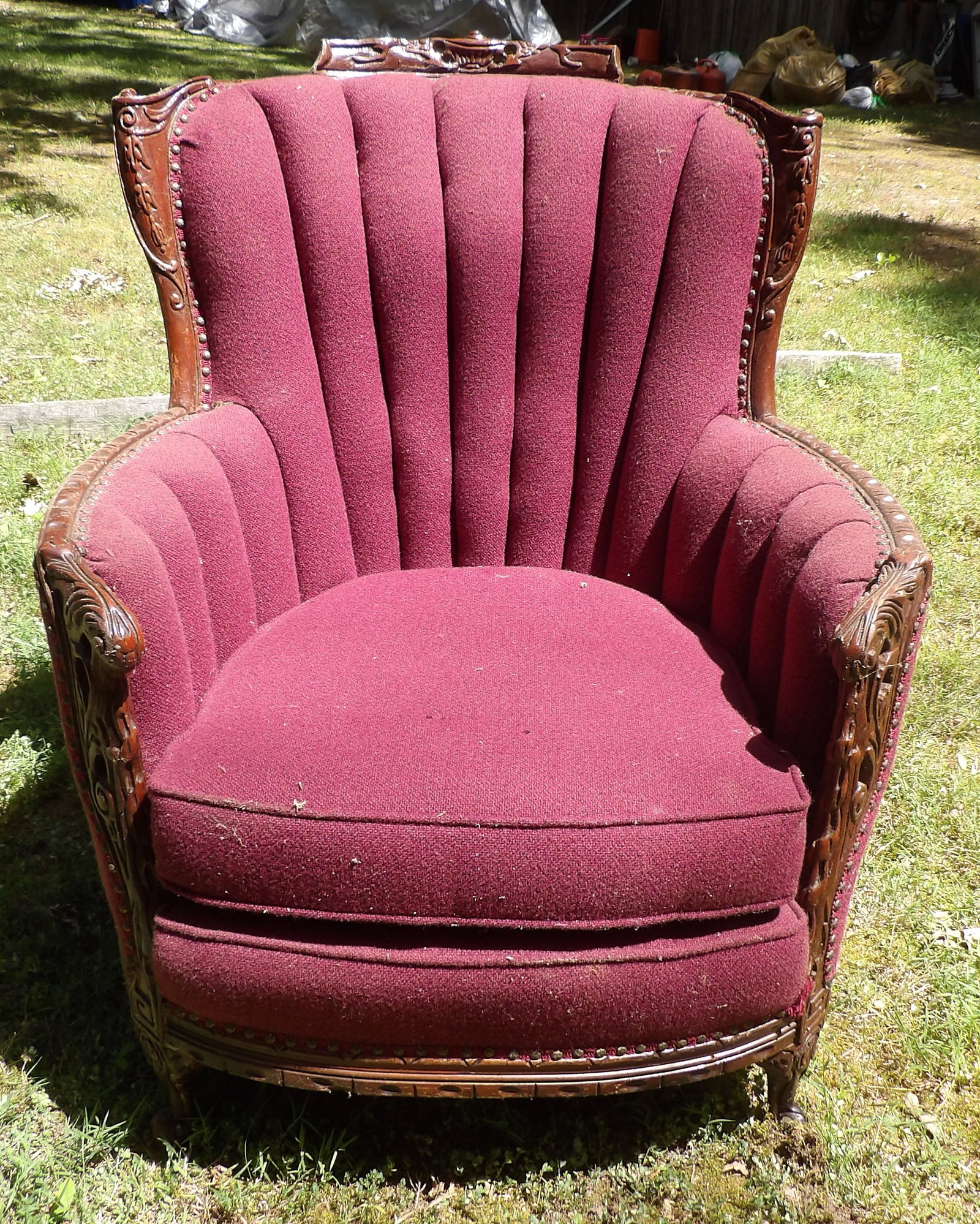 Burgundy Channel-Back Armchair: This Burgundy Channel-Back Armchair measures approx: 40" x 32" x 36" - NO SHIPPING AVAILABLE FOR THIS ITEM - PICK UP ONLY