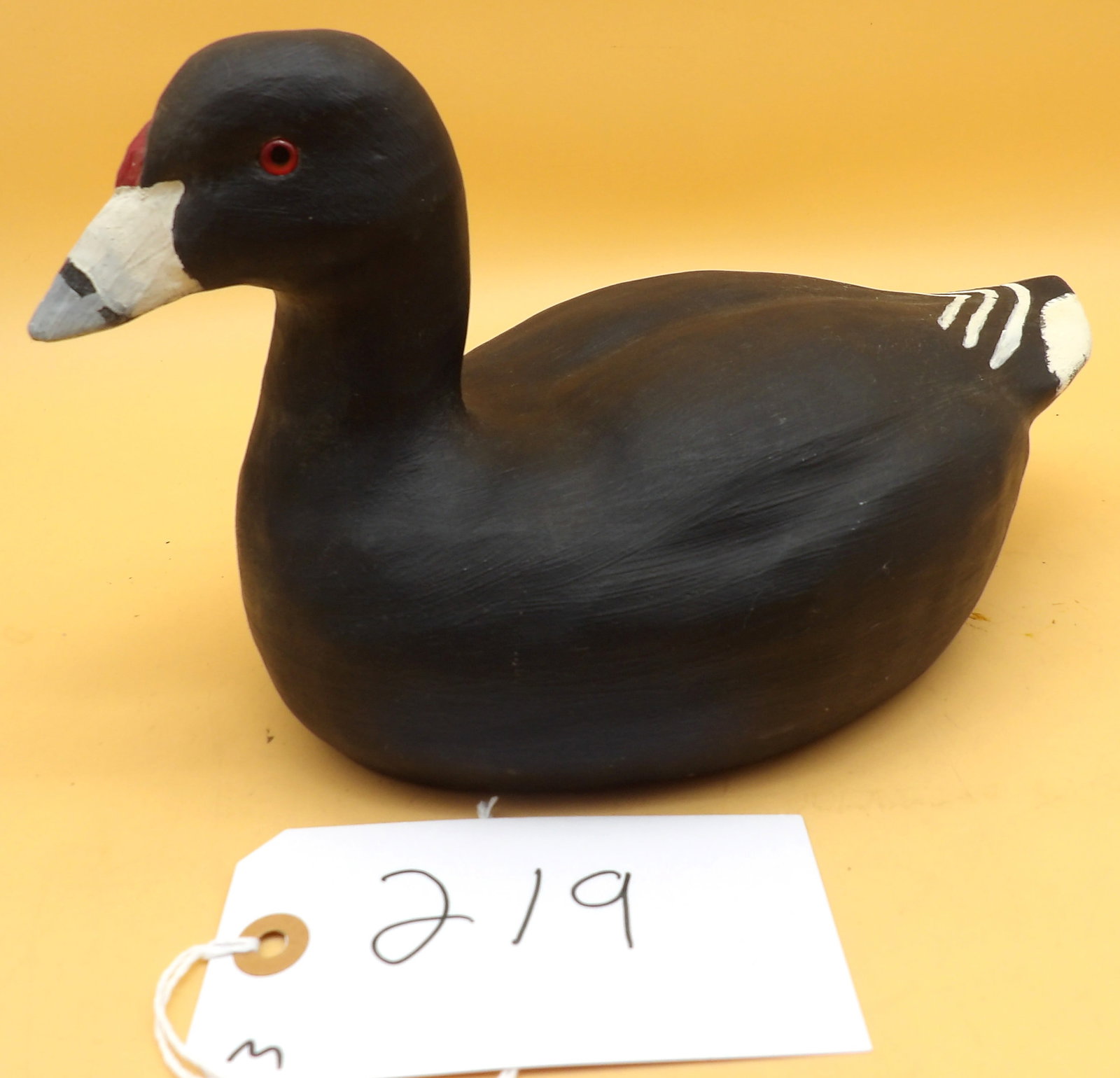 "Coot" Metzger Wood Duck Decoy: This "Coot" duck decoy was made by renowned area decoy artist Lawrence Metzger. Measures approx: 6.5" x 11" x 6.5"