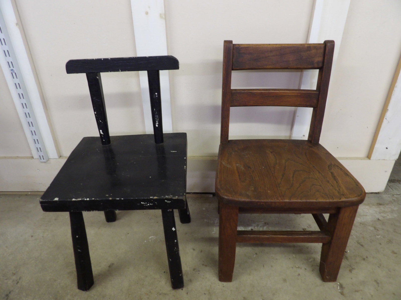 Rustic Wood Child's Chairs (2): This pair of rustic wooden child's school-style chairs measures approx: 22.5" x 13" x 12" & 21" x 11.5" x 12". NO SHIPPING AVAILABLE FOR THIS ITEM - PICK UP ONLY