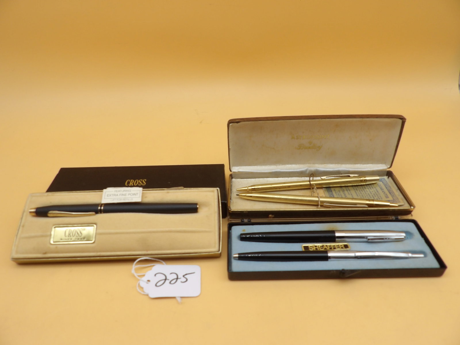 Bradley Astropoint, Sheaffer, Cross Classic Century Pens / Pencils: This lot features a gold-electroplated Bradley Astropoint pen / pencil set (in case), a Sheaffer black / chrome pen and market set (in case), and a Cross Classic Century pen.