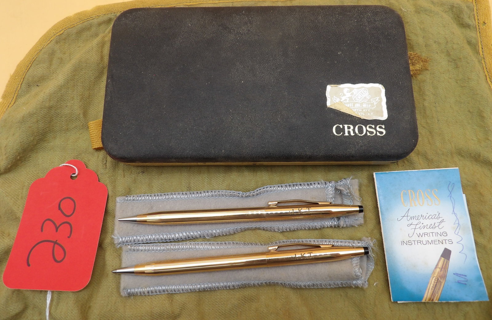 Cross Gold Filled Pen / Pencil Set: This Cross brand pen / mechanical pencil set is 1/20 14k gold filled and comes in original case. Monogrammed with "JKT".