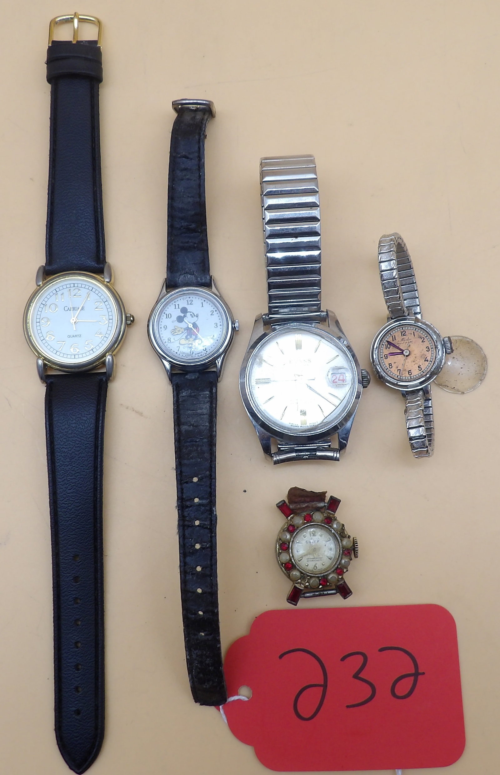 Evans, Mickey Mouse, Cliff, Carriage Mido Multifort Watches: Evans (crack on glass - needs new battery), Lorus Mickey Mouse (needs new battery), Carriage (needs new battery), Mido Multifort (plastic face cover is off but included - mechanism works, but may