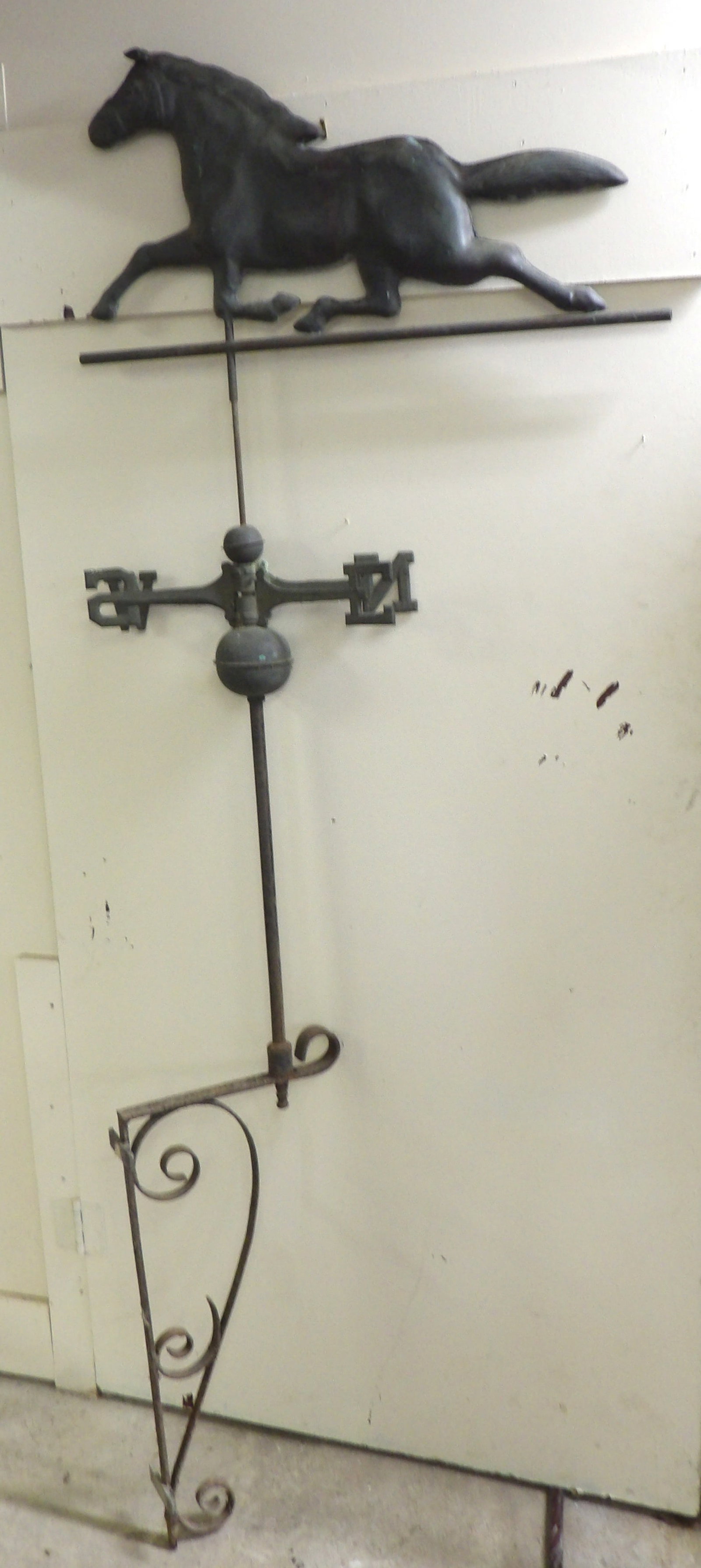 Iron & Copper Horse Weather Vane: This vintage weather vane has an iron body and copper horse topper w/ lovely patina. Measures approx 80" tall. NO SHIPPING ON THIS ITEM - PICK UP ONLY