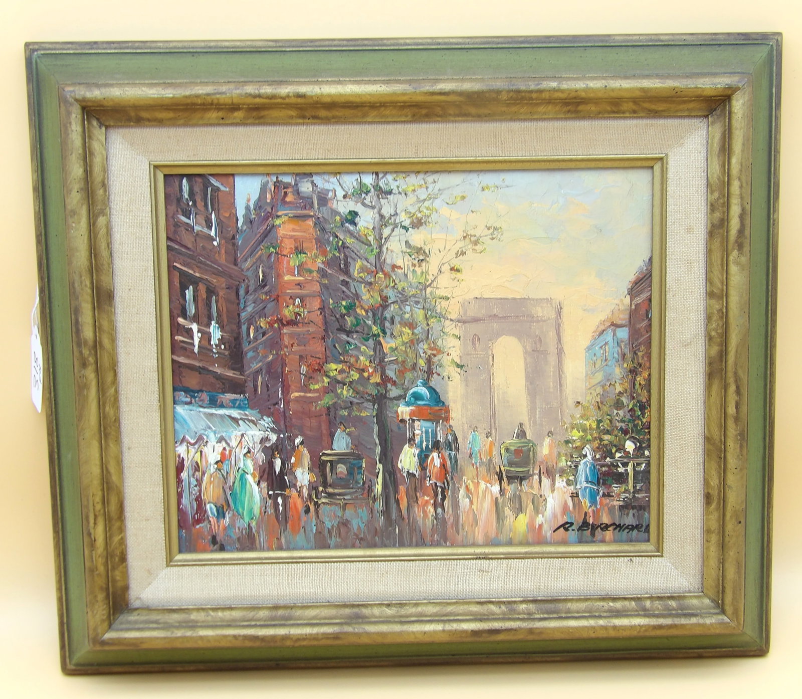 Birchard Impressionist French Street Scene Oil Painting: This framed mid-century oil painting gives an impressionist view of a French street scene. Painted / signed by commercial artist R. Birchard. Measures approx 13" x 15"