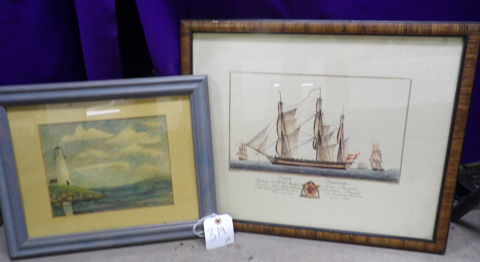 "Fregata Danimarchese" Ship Print & Lighthouse Painting: This maritime lot features a lovely framed print of "Fregata Danimarchese" , as well as a framed painting of a lighthouse (signed by artist 'Botts'). Measures approx 18" x 21.5" and 13.5" x 16.5". NO 